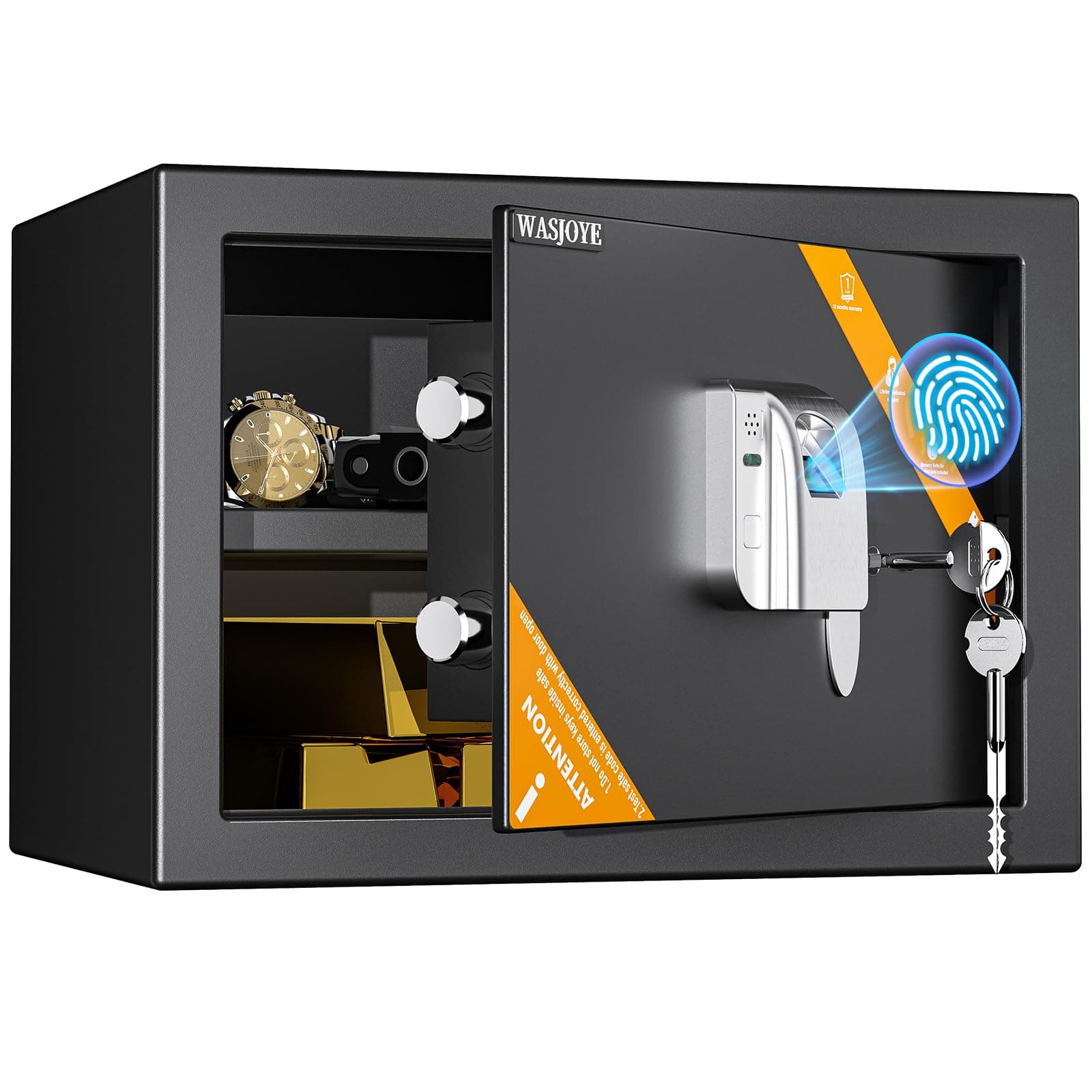 WASJOYE Smart Fingerprint Biometric Safe Box - 1.2 Cubic Feet Fireproof Safes with Finger Biometric Key-Lock, Security Safes Lock Box for Home Office Business Hotel Document Valuables Storage