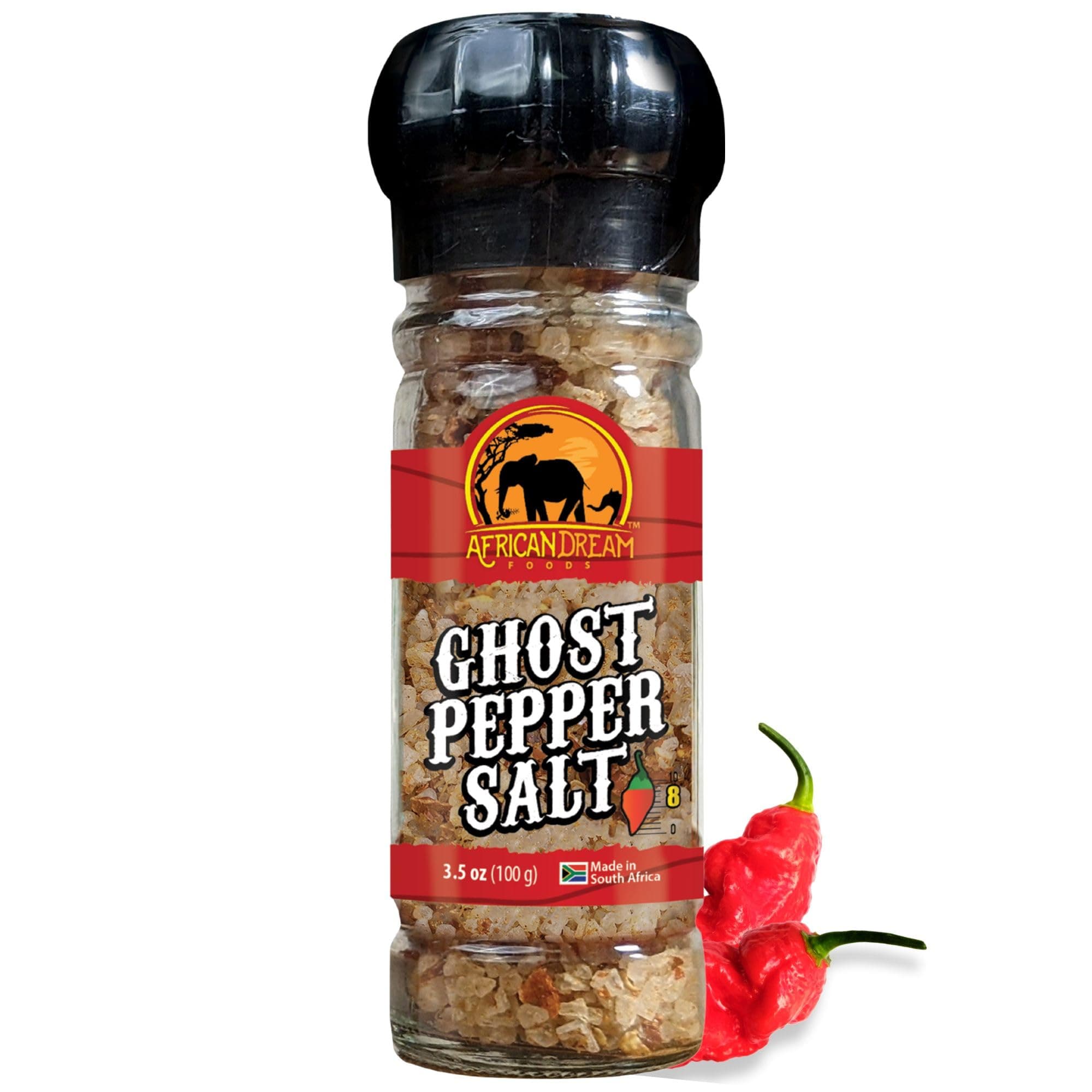 Ghost Pepper Salt Seasoning by African Dream Foods | Spicy Chili Salt with only Natural Hot Ghost Peppers & Sea Salt | Ideal for Meat, Chicken, Seafood | Reusable Grinder, 3.5 oz