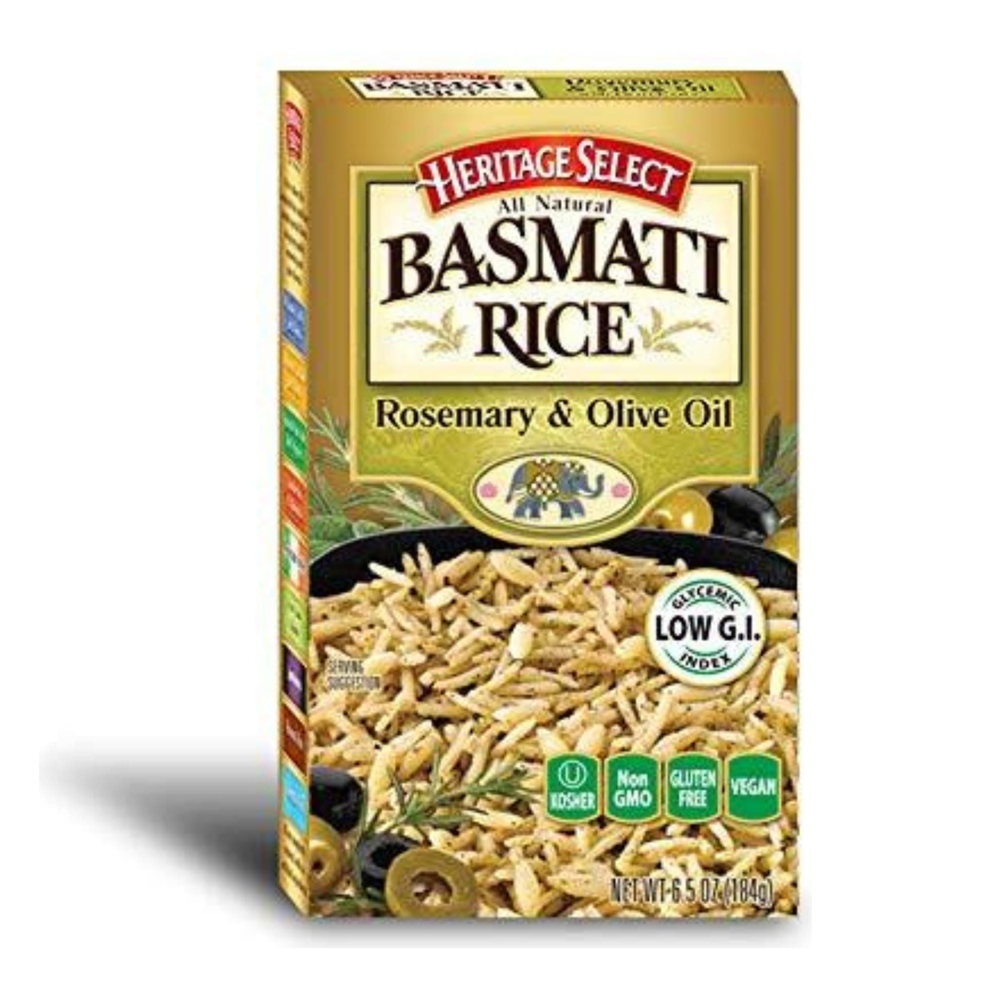 Basmati Rice by Heritage Select (6-Pack, 6.05oz Box) Rosemary & Olive Oil, Ready To Heat Flavored Rice - Non-GMO, Vegan, Kosher, Gluten Free, Low Glycemic Index