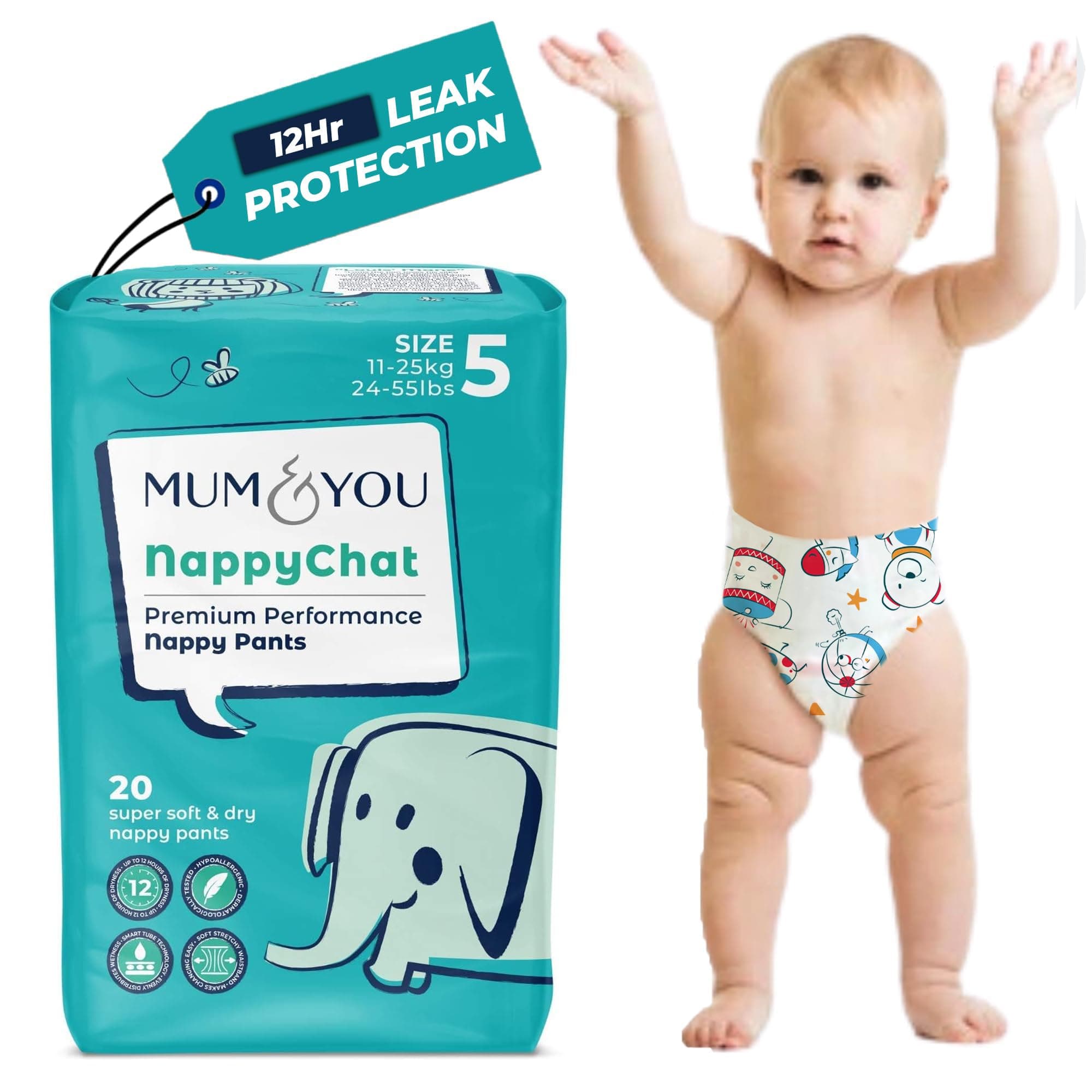 Mum & You Eco Friendly Baby Nappies- Premium Size 5 Nappy Pants (11-25 KG), 20 Count, Pull Up Training Pants. Day & Night Nappy | 12-Hr Leak Protection with Wetness Indicator & Rash-Free Baby Diaper