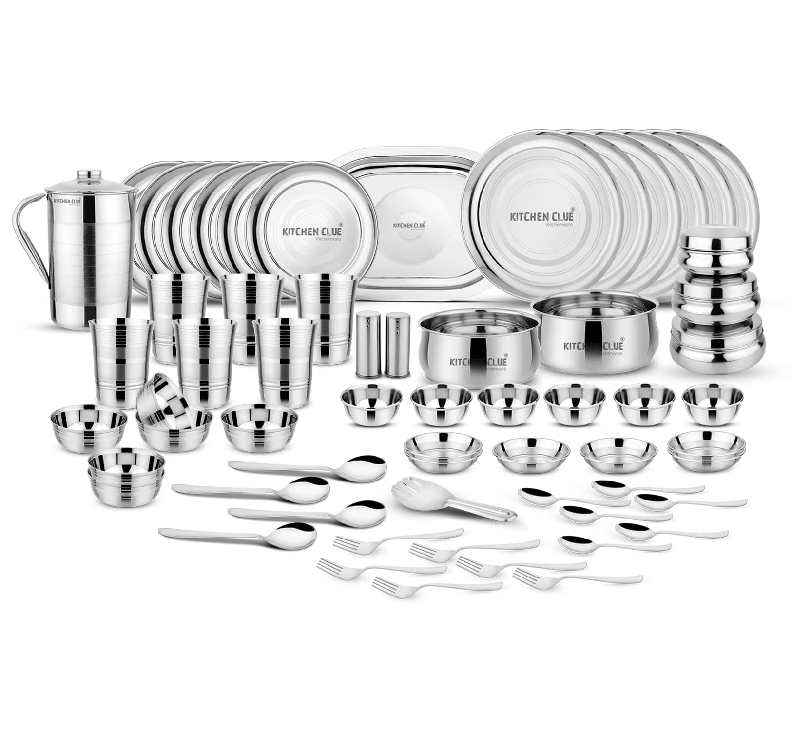 Premium Grade Quality Stainless Steel Dinner Set of 62 Pcs, Silver Touch Design - Attractive & Stylish Looks - Add Grace to Your Kitchen - Exclusive Kitchen Set for Home - Highly Durable