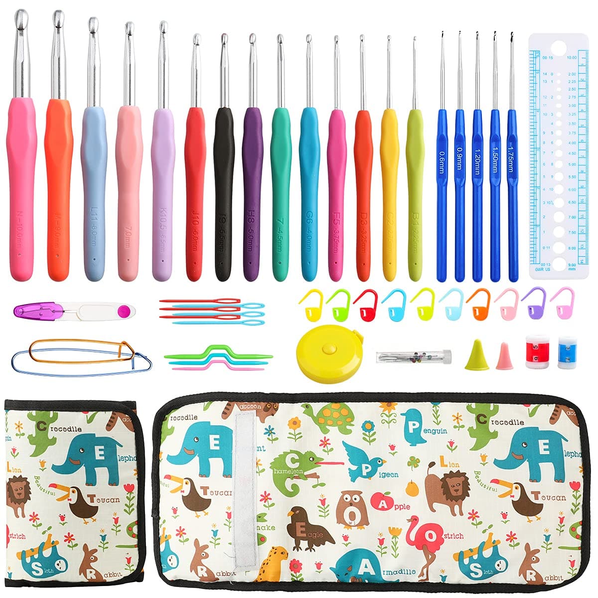 LOOEN Crochet Hooks Set w Case, 14 pcs Rubbery Handles Crochet Hooks 2.25MM-10.5MM and 5 pcs Blue Lace Hooks 0.6MM-1.75MM Comfort Grip for Arthritic Hands-Accessories Included (animal)