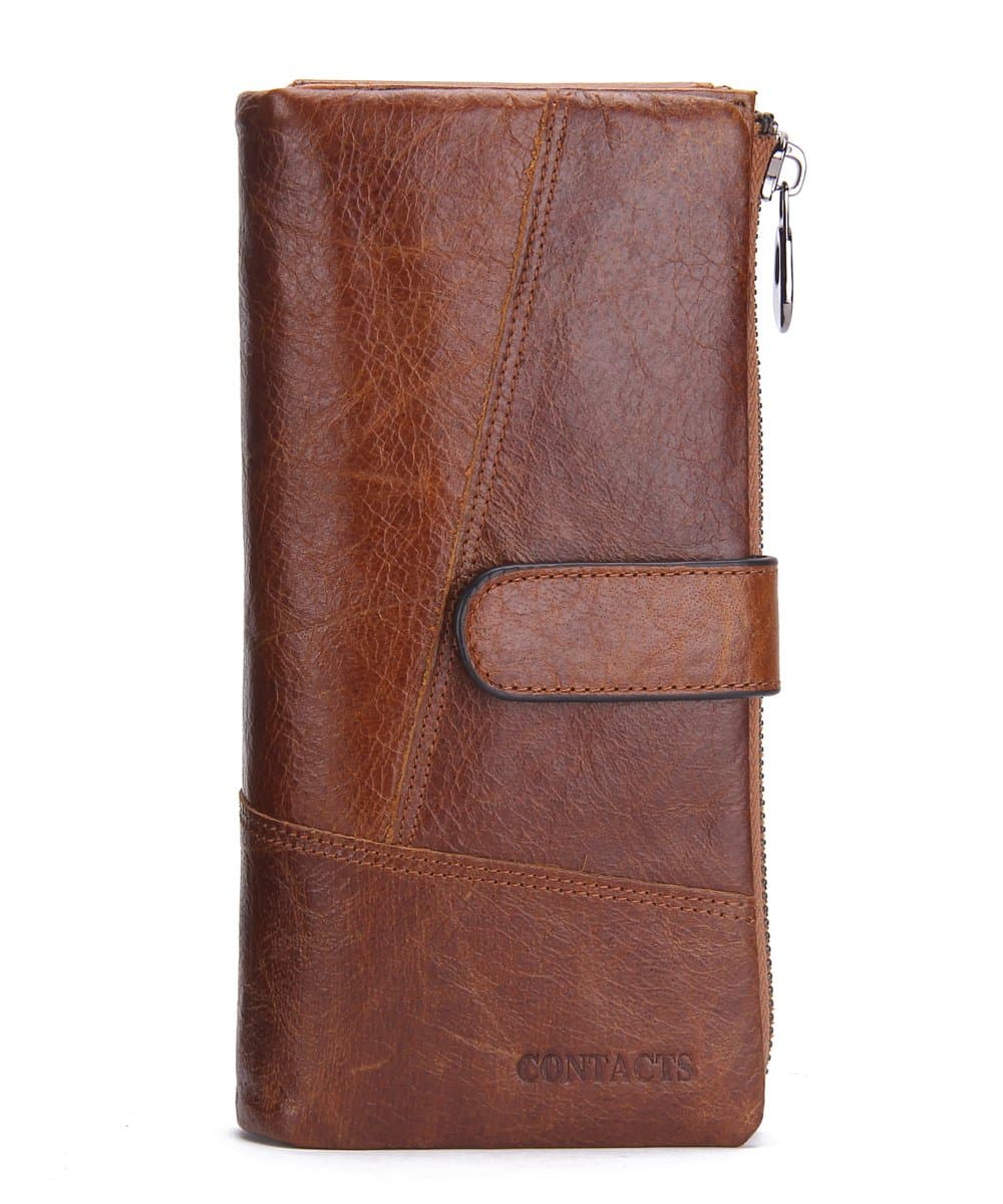 Contacts Leather Cowhide Mens Secretary Long Zipper Wallet 12 Card Slots Brown