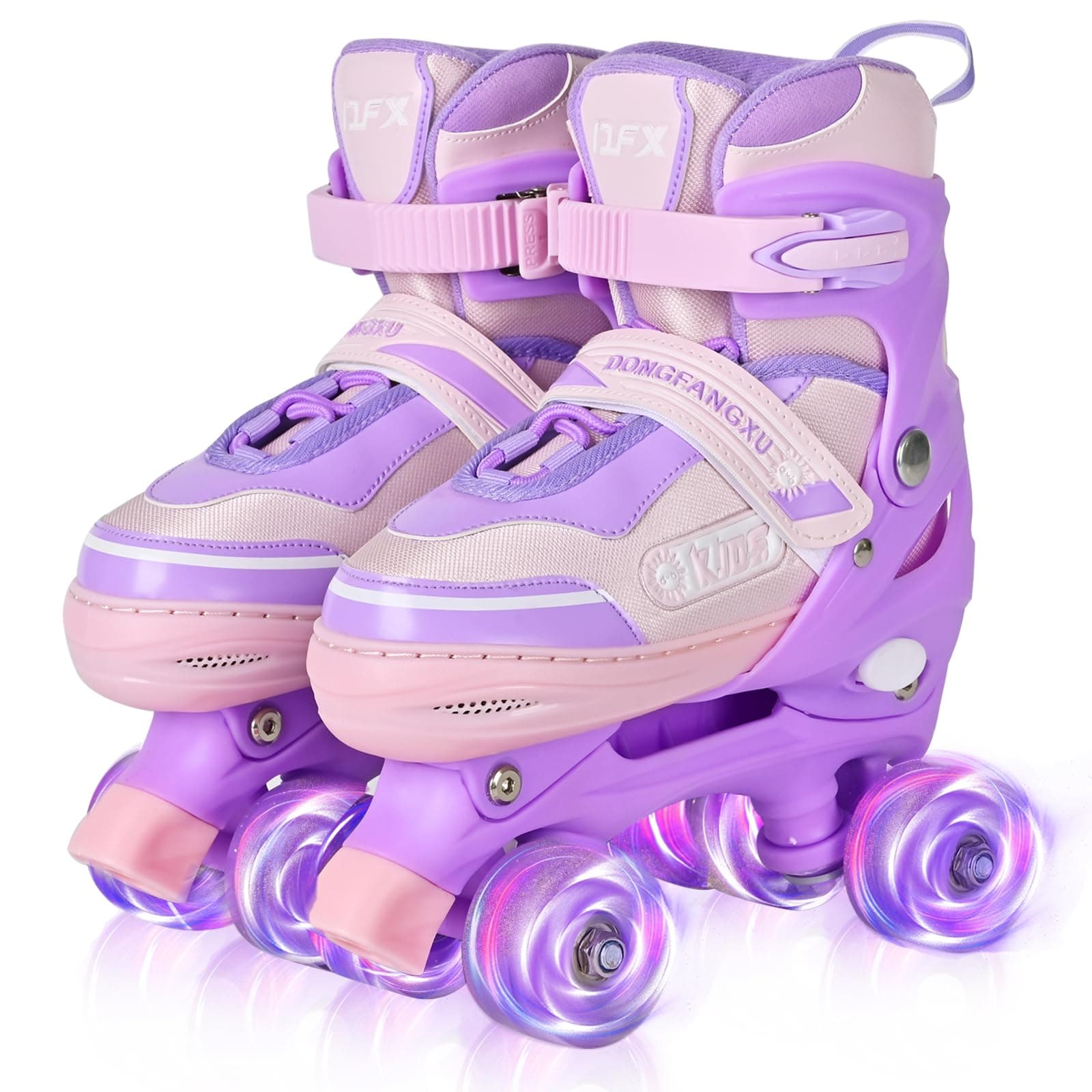 Girls' Roller Skates for Kids - Adjustable 4 Sizes, Light Up Wheels, Quad Purple & Pink Skates for Sports