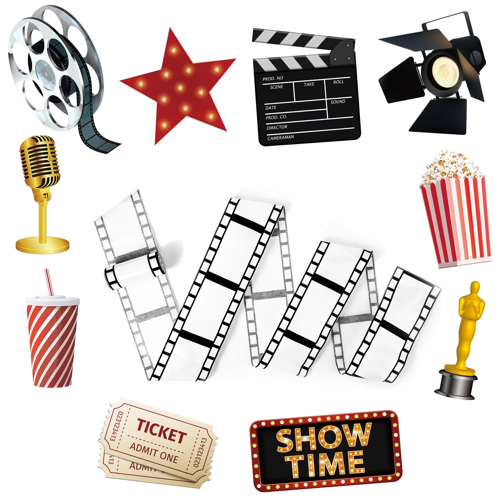 Tallew 12 Pcs Movie Night Party Decorations Set Includes 11 Pcs Red Carpet Cutouts Theater Photo Booth Cards Cinema Centerpiece Sign, 1 Pack Filmstrip Party Tape Movie Theme Props Film Border Roll