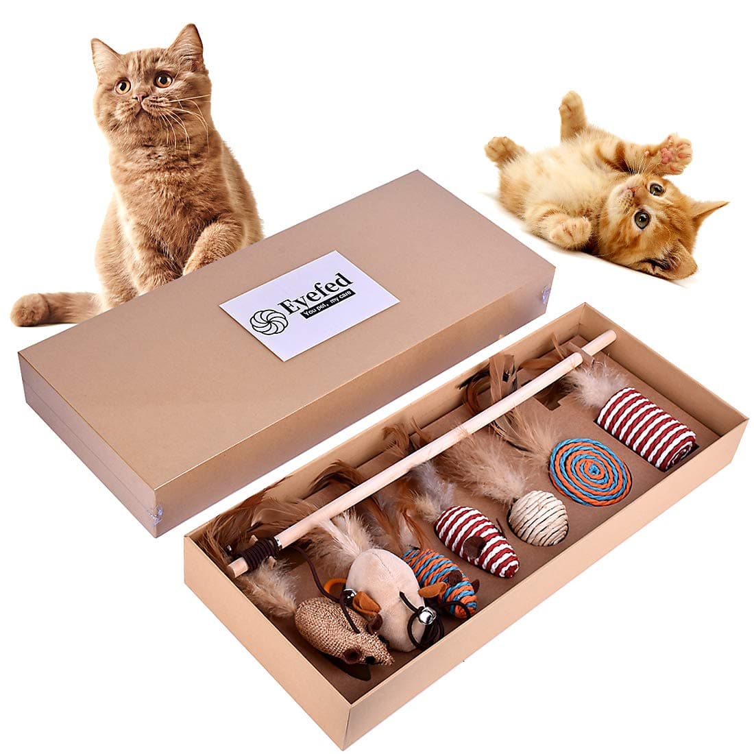 Cat Toys Gift Box, Cat Interactive Wand Toy Set, 7 Pieces Of Replaceable Feather Fun Cat Toy Gift Set,Natural solid wood linen material