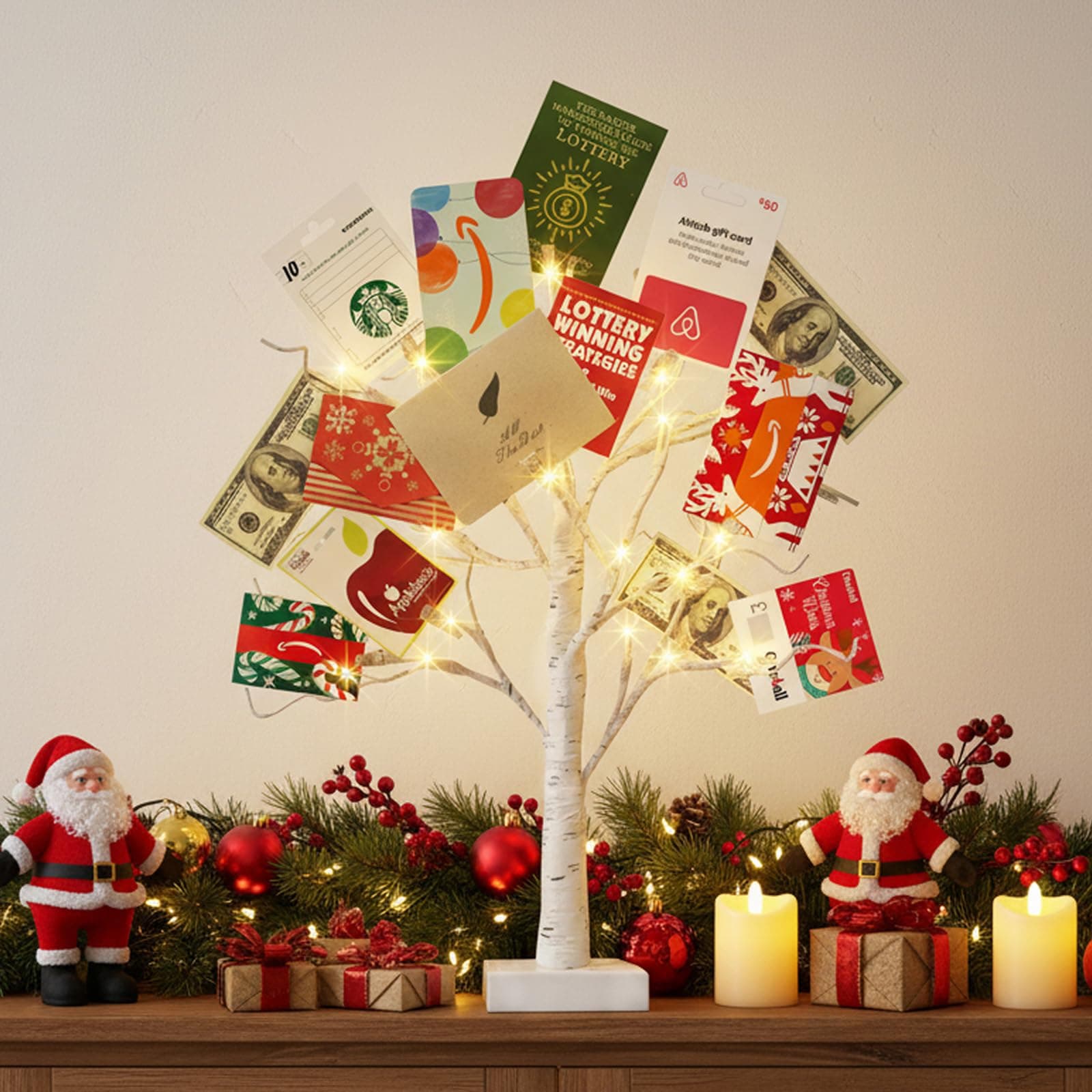 EAMBRITE Money Tree Gift Holder, Lighted Birch Tree 2FT 24LED, Battery/USB Powered Timer Light Up Display Twig Gift Card Tree with 6 Clear Clips and 6 Cards for Home Christmas Graduation Photo Memo