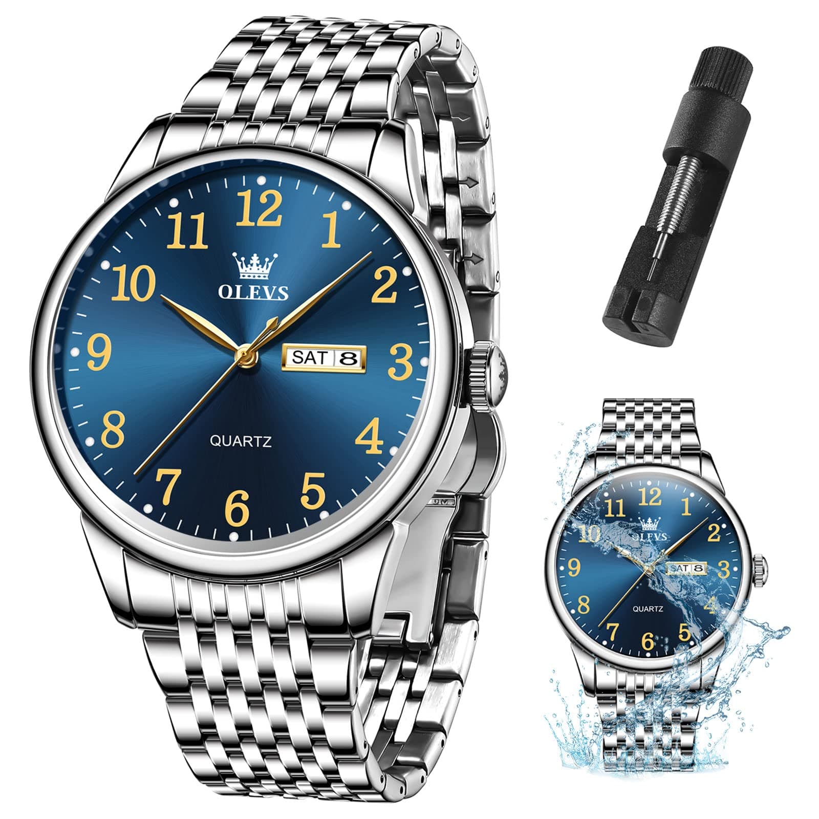 Mens Watch Stainless Steel Analog Quartz Watches for Men Day Date Easy Read Diamond Waterproof Dress Luxury Classic Casual Big Face Blue/Black/Gold/Silver Roman Arabic Numerals Men's Wrist Watch
