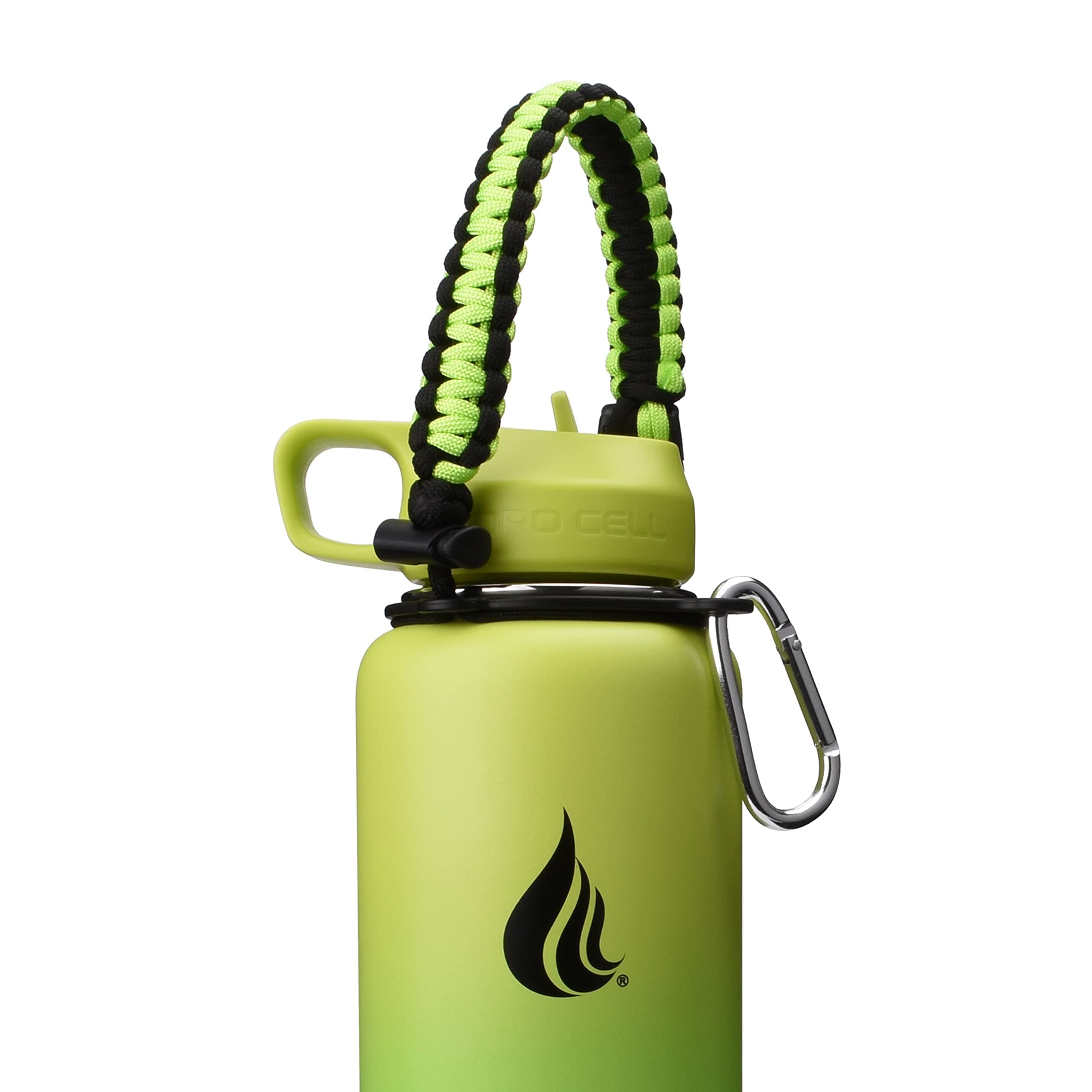 HYDRO CELLWide Mouth Paracord Handle - Strap Carrier with Safety Ring and Carabiner. Compatible with 18, 24, 32, 40, and 64 oz Stainless Steel Water Bottles (Neon/Black)