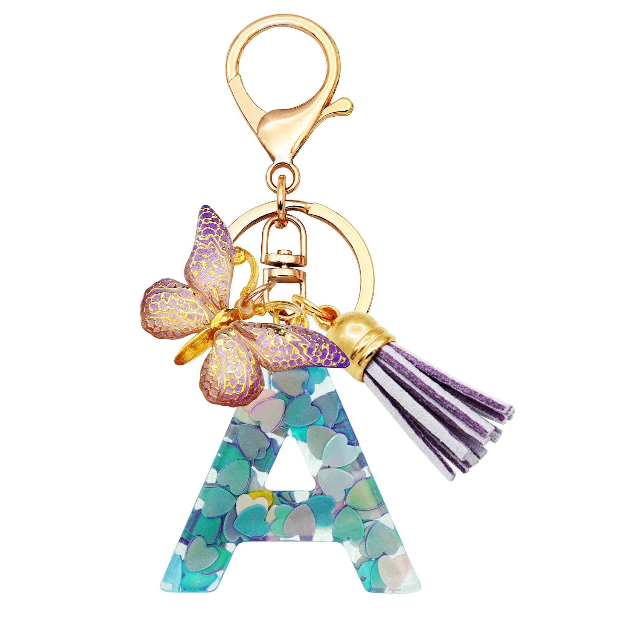 TTYYInitial Letter Keychains for Girls Women Pink Purple Green Cute Butterfly Heart Keychain for Backpack School Bag