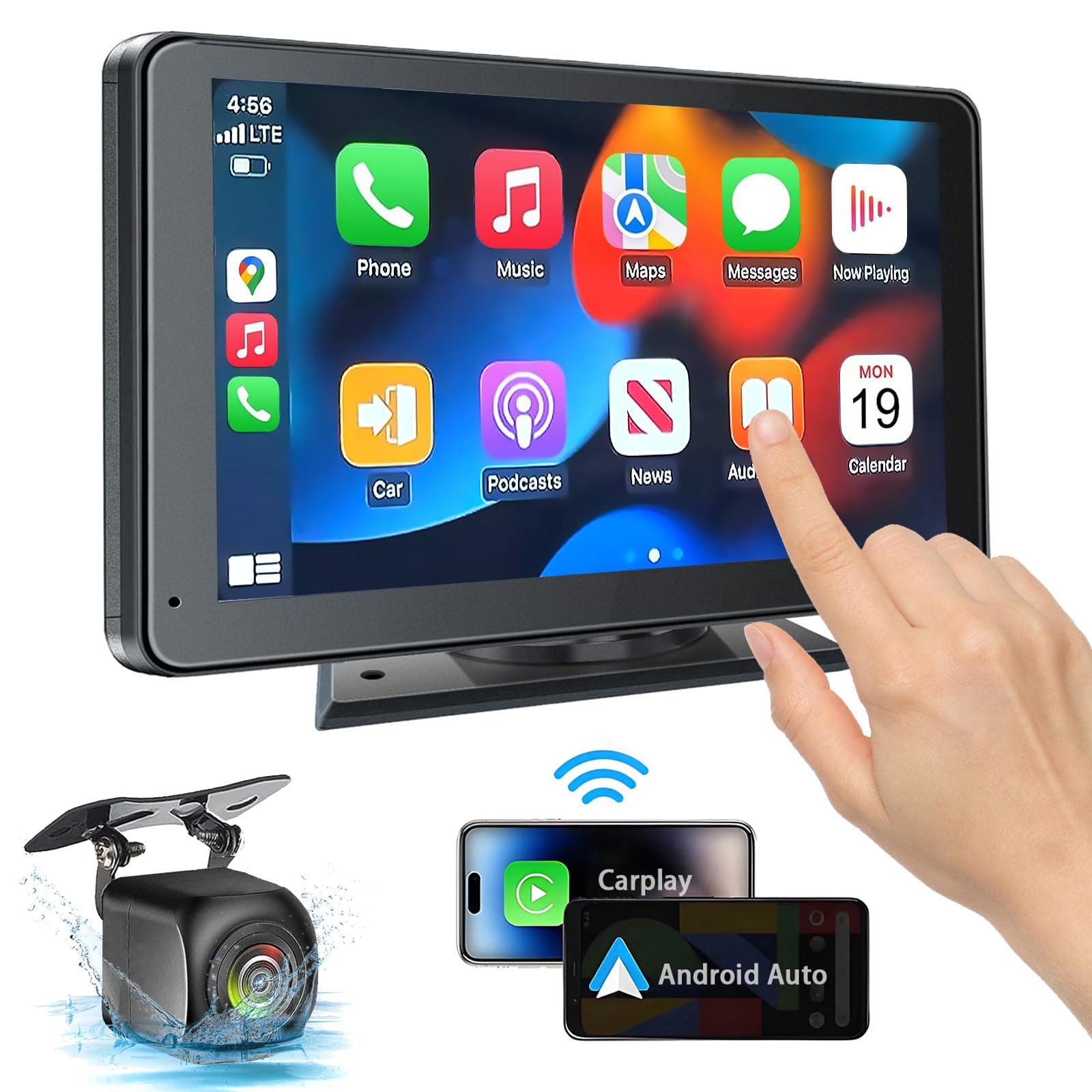 Portable Wireless with Apple CarPlay and Android Auto Screen for Car, 7" HD Touch Screen Car Stereo with Mirror Link, Bluetooth 5.2, Backup Camera, AUX,FM Transmitter for All Vehicle