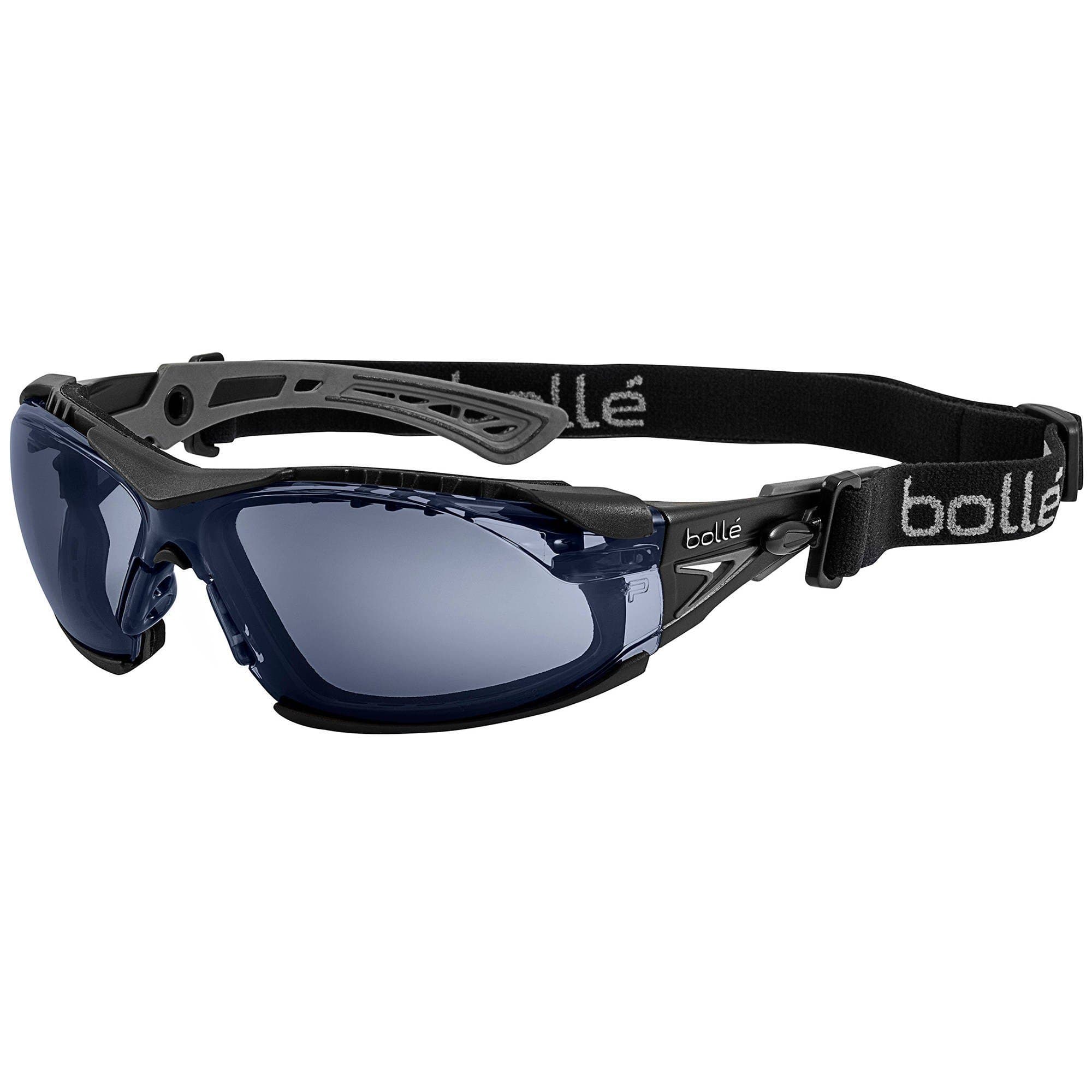 Bollé Safety Bolle Safety Rush+ Safety Glasses Platinum® with Assembled Foam and Strap, Black & Grey Frame, Smoke Lenses