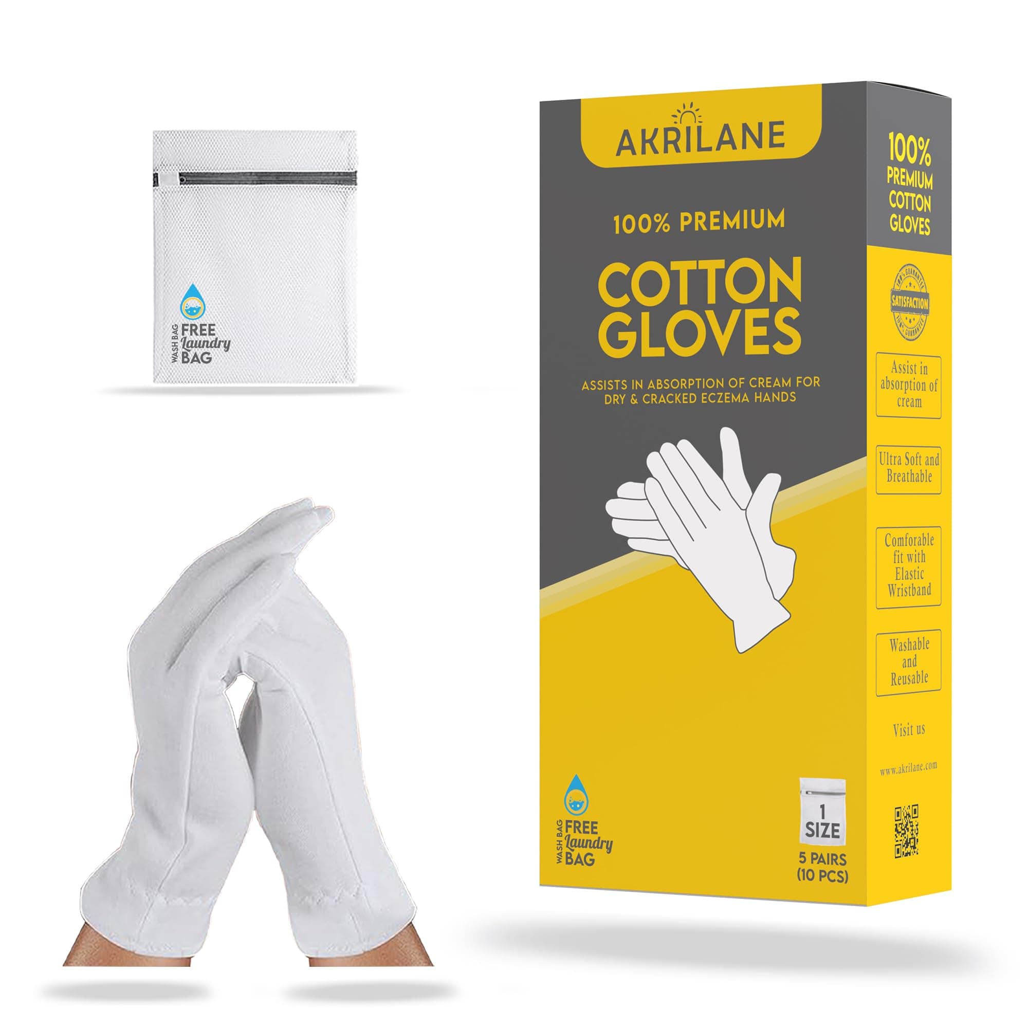 1 Size 5 Pairs Cotton Moisturizing Gloves for Dry Hands | Eczema, Psoriasis & Skin Spa Treatment for Women & Men | Washable & Reusable with Free Laundry Bag