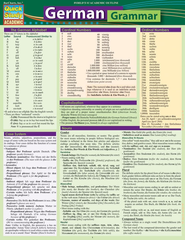 German Grammar: QuickStudy Laminated Reference Guide (Quick Study Academic) Pamphlet – Student Edition, 1 May 2017