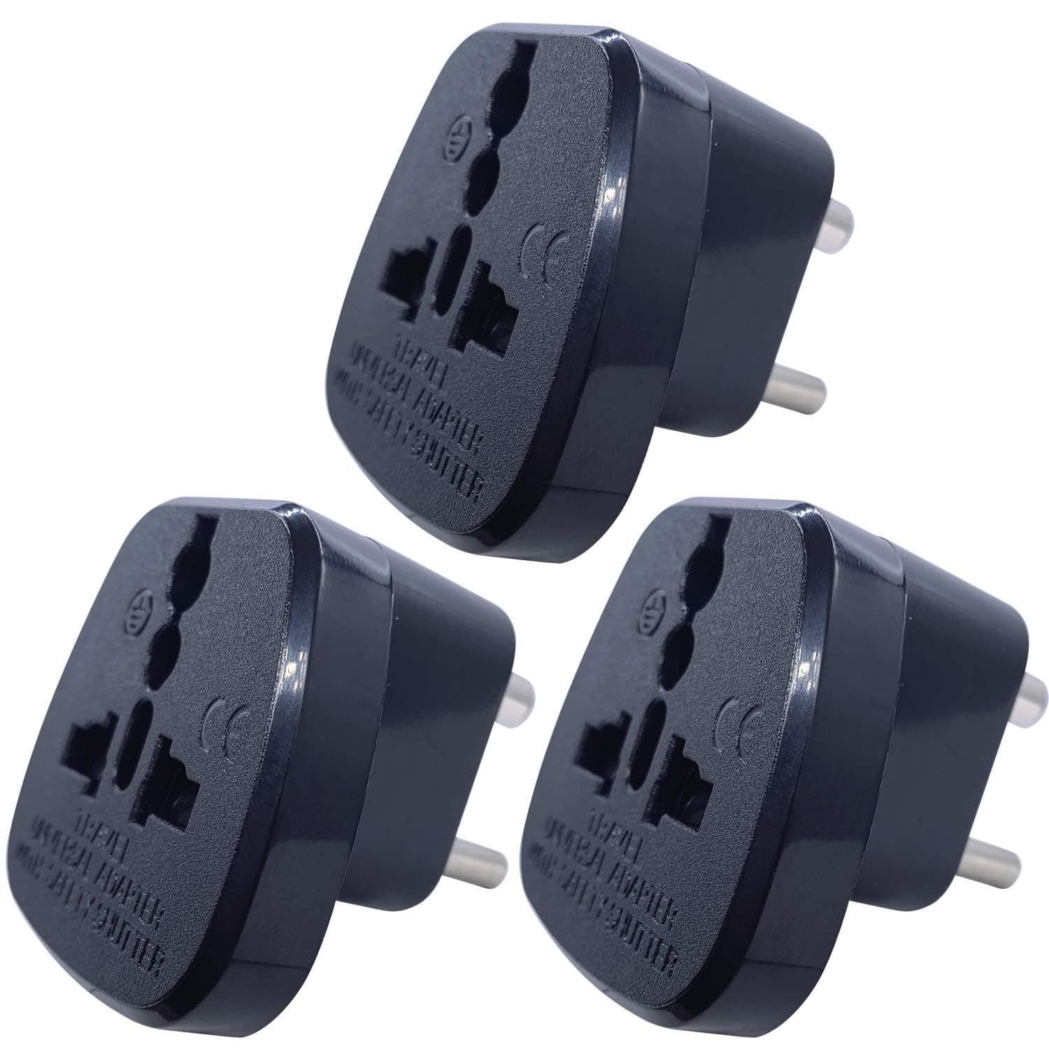 Type D Round Pins Travel Plug Adapter with Ground and Safety Shutter, UAE/EU/DE/US/JP/CN/UK Plug Suitable for India/Nepal/Pakistan Socket (NOT for South Afric) (Indian Plug * 3, Black)