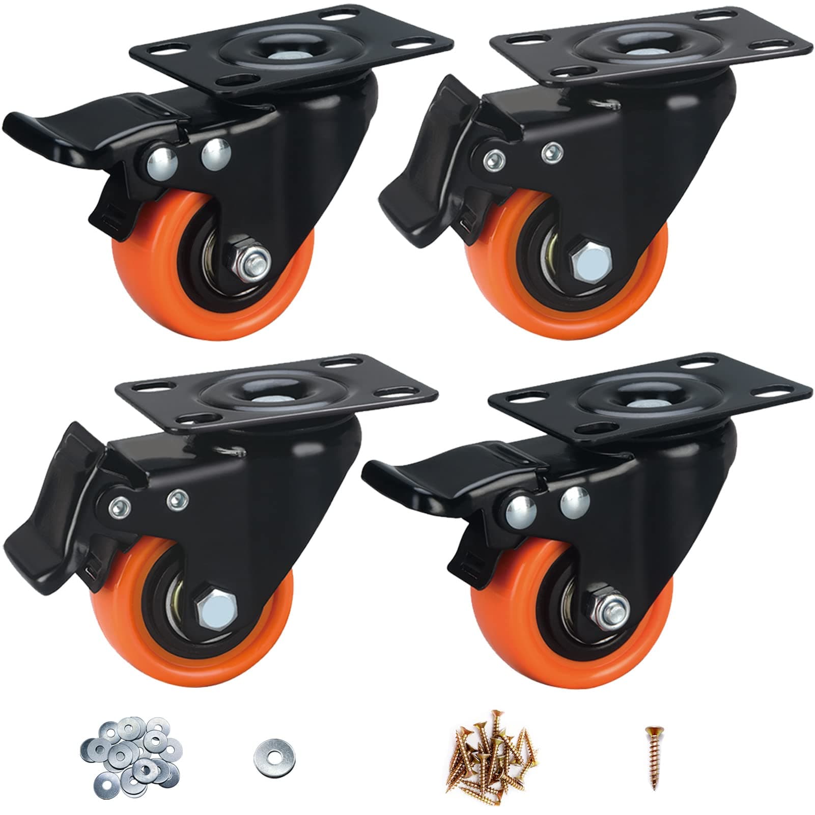 Caster Wheels - Set of 4, Heavy Duty Swivel Castors with Brake (Plate), 50mm Orange Polyurethane Trolley Wheels