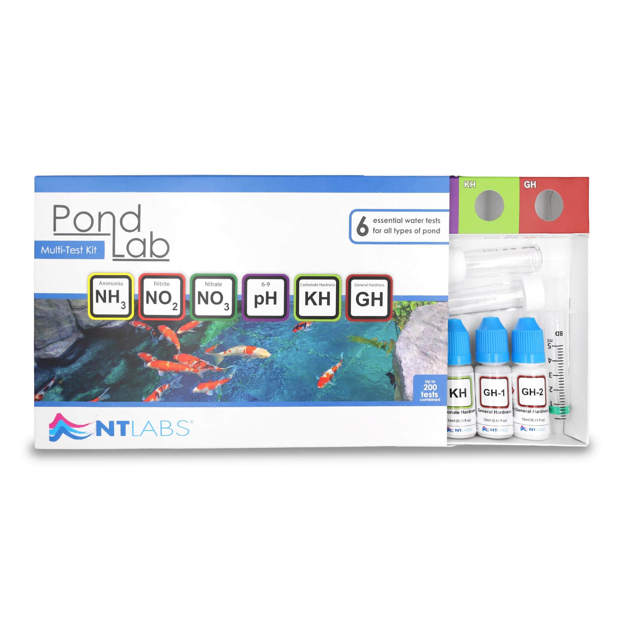 Pond Lab Multi Test Kit (All-in-one Water Testing Kit - Ammonia, Nitrite, Nitrate, pH, General Hardness (GH) and Carbonate Hardness (KH)), Accurate Results, Easy to Use (Up to 200 Tests)