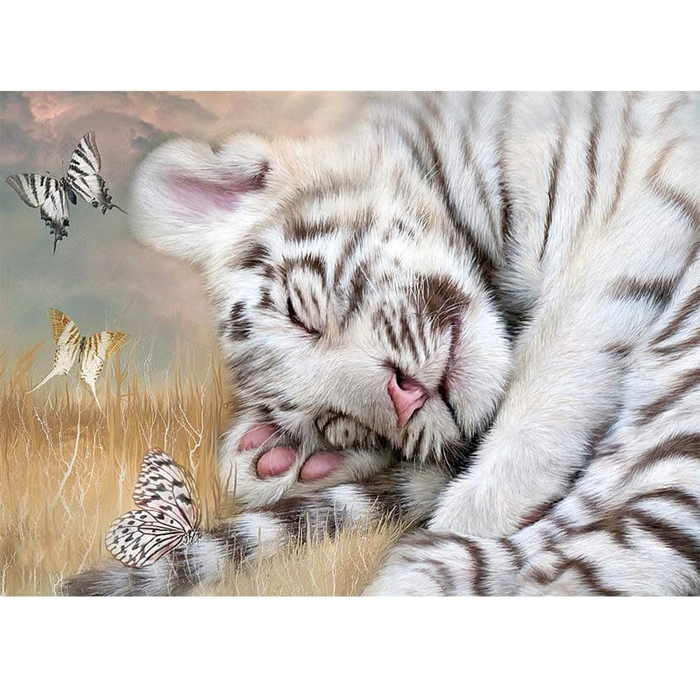 DIY 5D Diamond Painting by Numbers Kits, White Tiger, Butterflies Cute Animal, Full Drill Rhinestones Paint with Diamonds Crystal Diamond Art (Tiger)