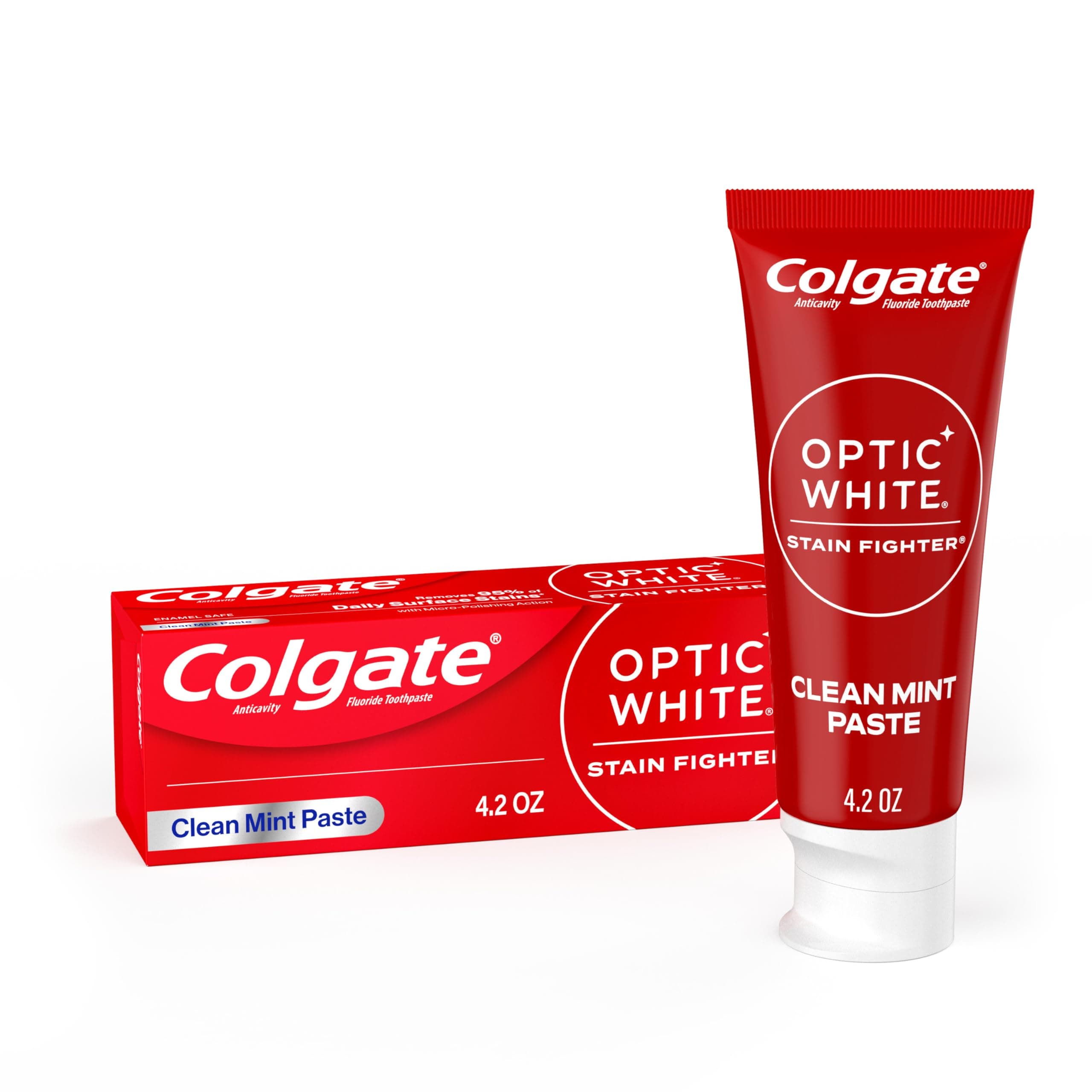 Optic White Stain Fighter Anticavity Fluoride Teeth Whitening Toothpaste, Enamel-Safe for Daily Use, Prevents New Stains, Clean Mint, Pack of 24, 4.2 oz