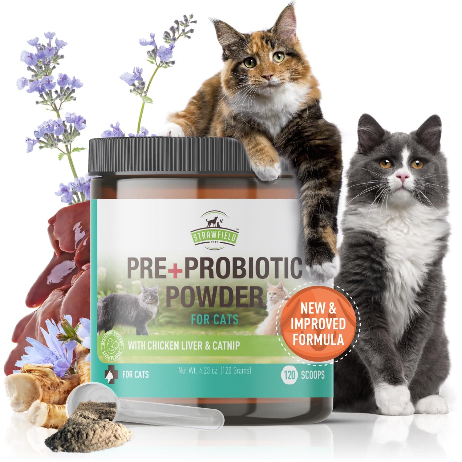 Strawfield PetsPre + Probiotic Powder for Cats with Catnip Probiotic for Cats Diarrhea Relief Supplement Natural Chicken Liver Flavor 120 Grams / 120 Scoops