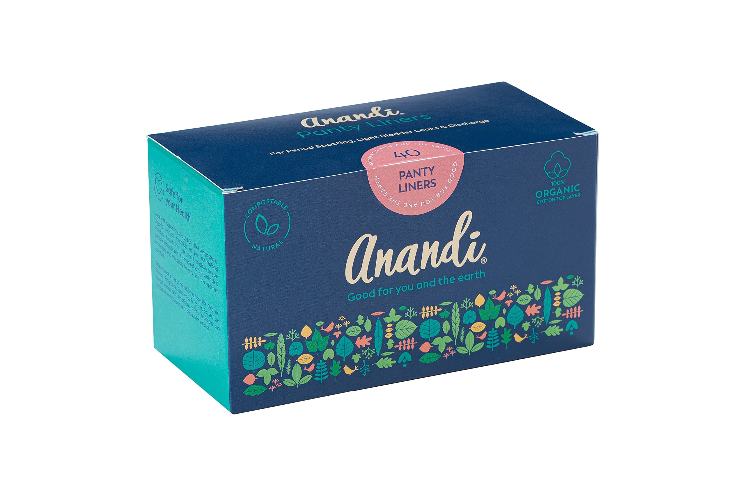 Anandi Panty Liners For Women | Daily Use Liners 160mm - 40 Pieces | Biodegradable Compostable Organic Liner | Certified 100% Organic Cotton Top Sheet