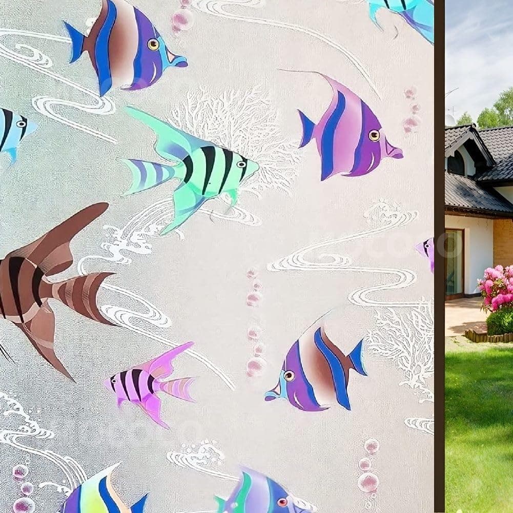 MOCOCO 5D Aquarium View Fish Privacy Window Film Frosting Film Window Sticker Frosted Vinyl Sheets for Front Door Bathroom sidelight Small Windows (24x36 Inch)-Self-Adhesive