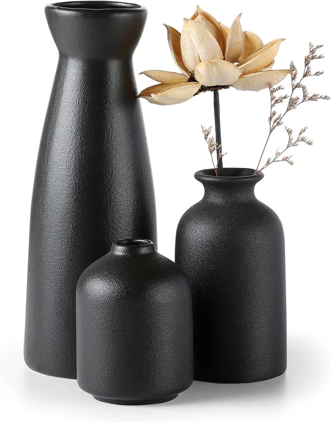 Heifgott Black Ceramic vase Set-3 Small Flower vases for Decor,Modern Home Decor, Vases for Decor,Pampas Grass Vase,Dried Flowers Vases,Living Room,Table Shelf, Centerpieces Decoration