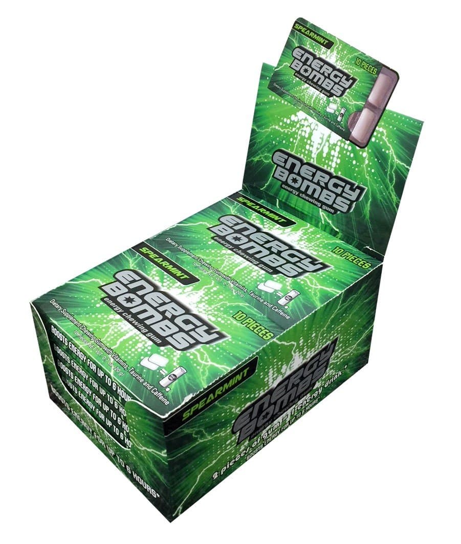 Premium Energy Gum. Energy Bombs Energy & Vitamins Chewing Gum 12 Packs of 10 Pieces ,Spearmint Flavor