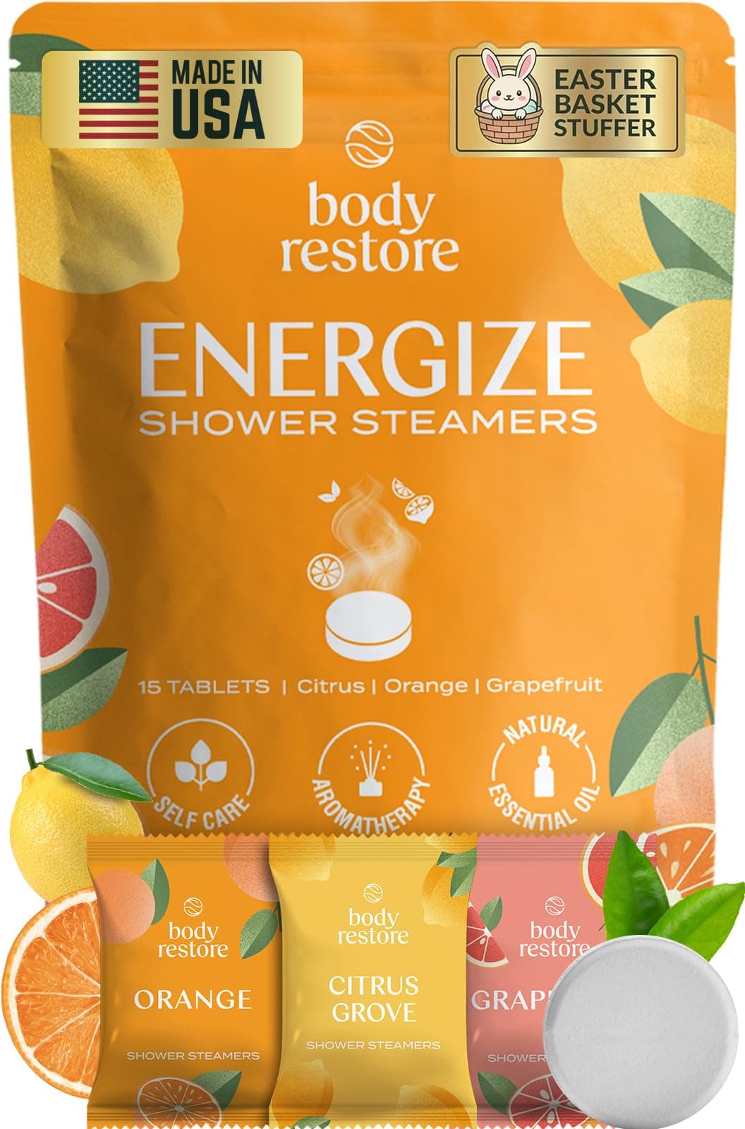 Body Restore Shower Steamers Aromatherapy 15 Pack – Easter Basket Stuffers, Easter & Birthday Gifts for Women, Men, Girls & Boys,Stress Relief, Relaxation, Self Care – Citrus