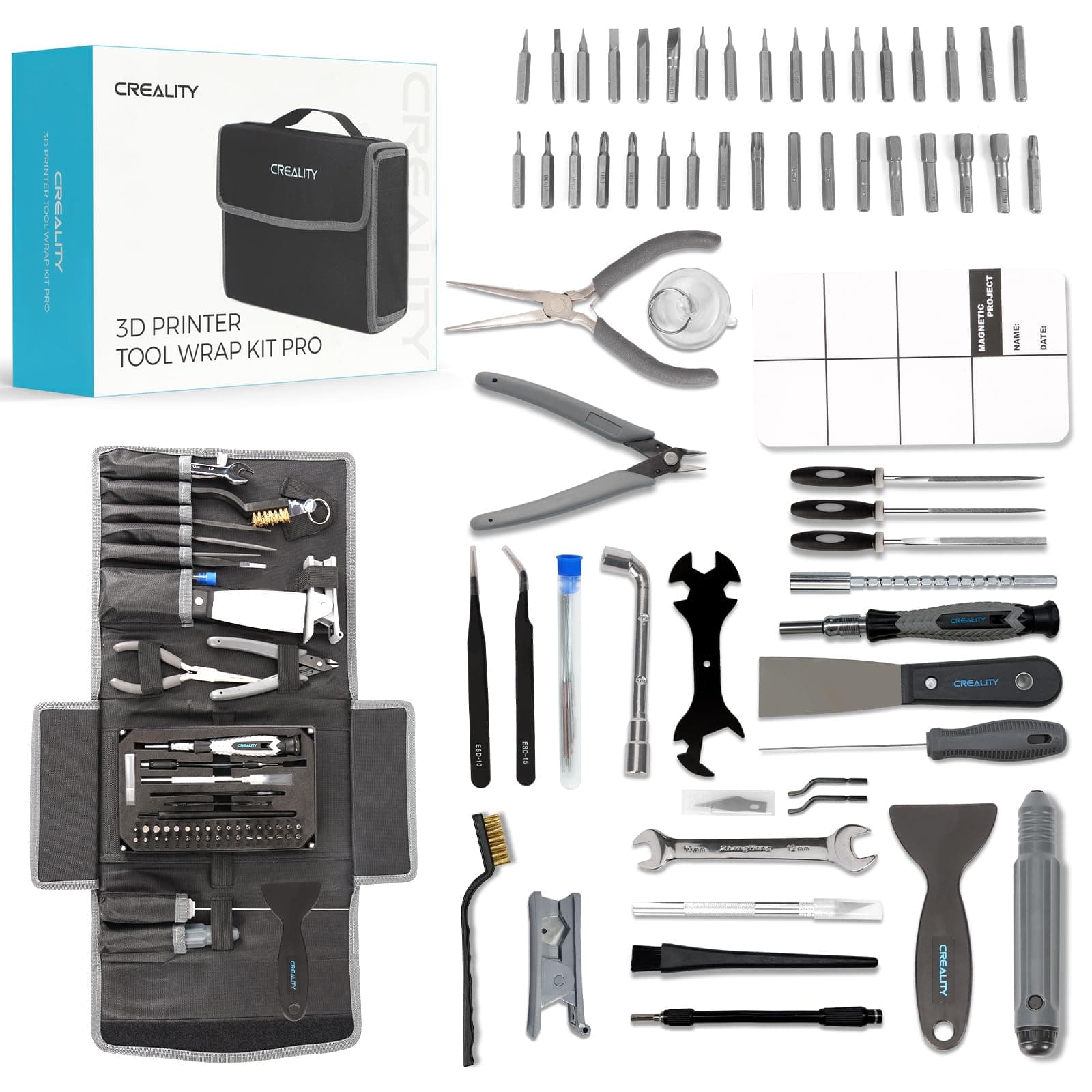 Creality 3D Print Tools Kit 74PCS Comprehensive 3D Printing Tools for 3D Printer Assembly Adjustment Nozzle Cleaning Model Removal Crafting Detailing and Filament Cutting Full Set 3D Printer Tools