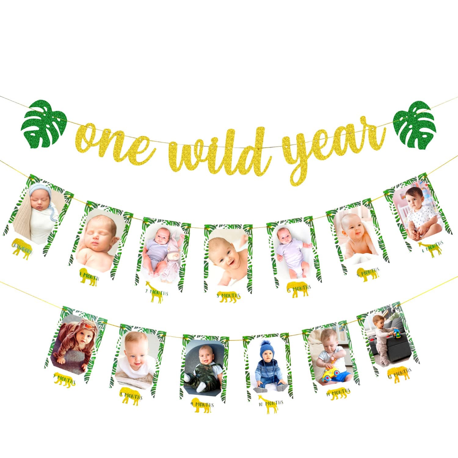 Wild One Birthday Decorations for Boys & Girls - Gold Glitter One Wild Year Banner + Baby 1st Birthday Photo Banner From Newborn to 12 Month - Zoo, Jungle & Safari First Birthday Decorations
