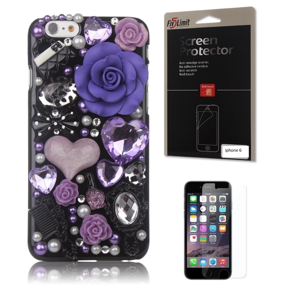 iPhone 6 Case, FiveLimit(TM) For Apple iPhone 6 4.7 3D Handmade Luxury Bling Crystal Pearl Love Purple Fairy Tale Flower Diamond Cover Case (Package includes: 1 X Screen Protector) (Purple Fairy Flower)