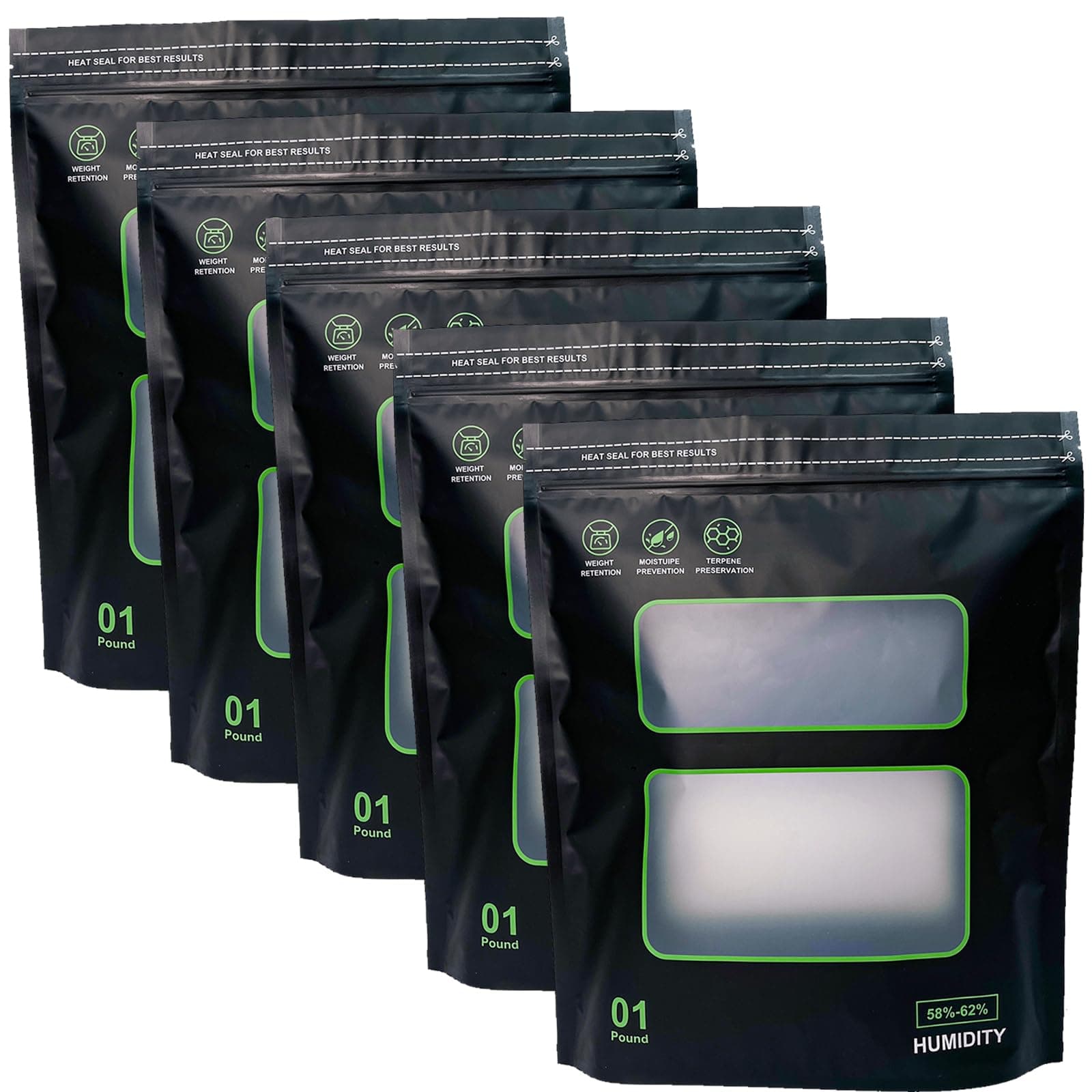 5PCS 1lb Terp Bags - 58%-62% RH 2-Way Humidity Control Resealable Bags for Curing & Storage