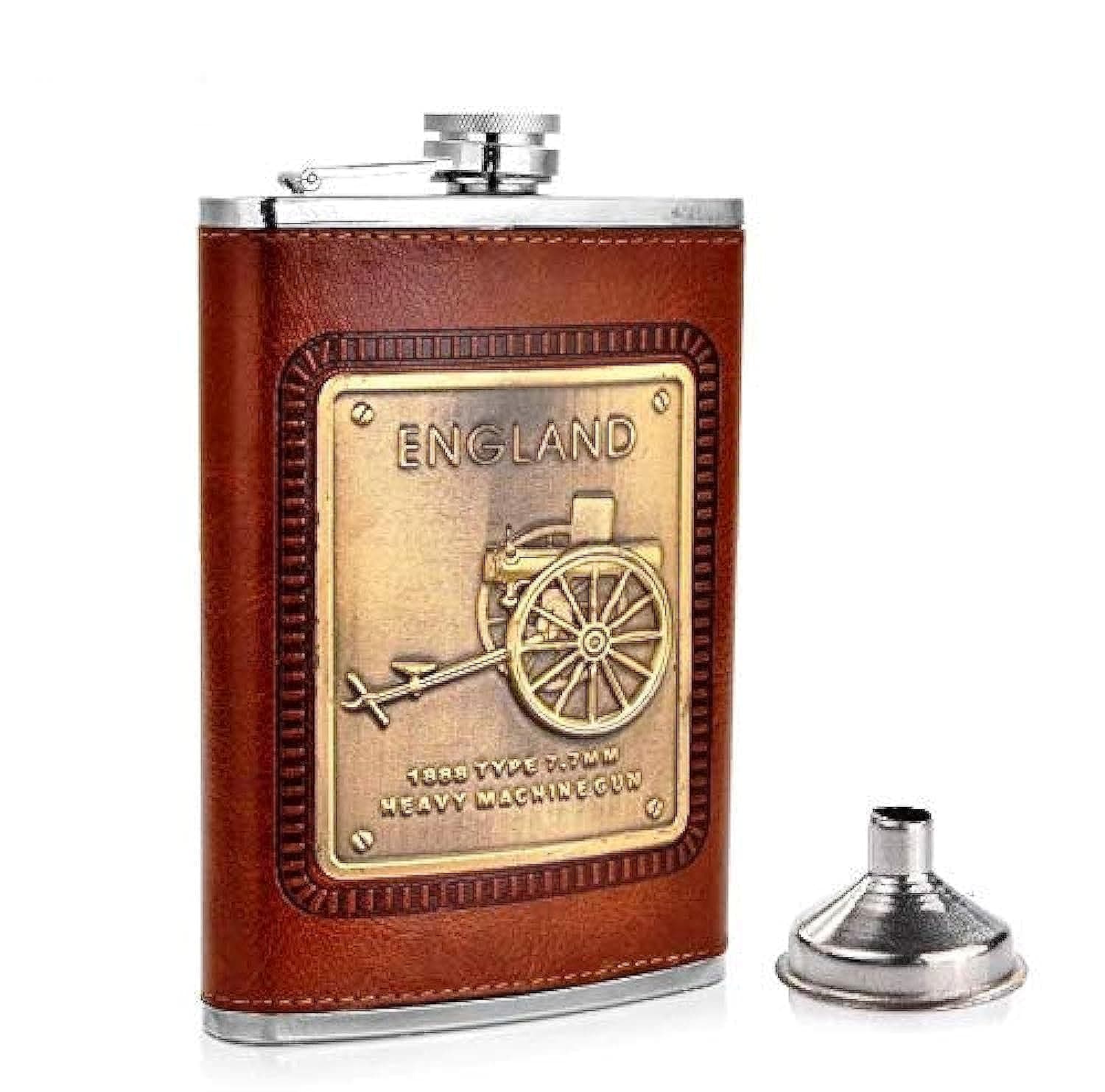 Stainless Steel and Stitched Leather Hip Flask 8 oz (230 Ml), England Design Wine Whiskey Vodka Alcohol Drinks Pocket Bottle with Funnel Set for Men Women