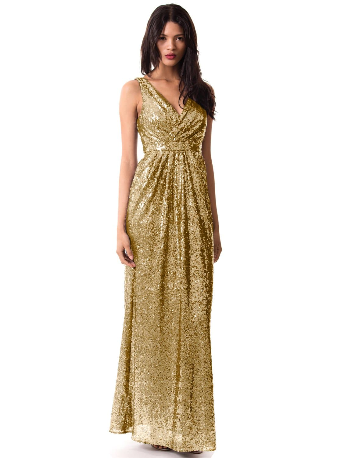 Women's Sleeveless Deep V Neck Sequined Evening Gown Ruched Bodice (10, Gold)