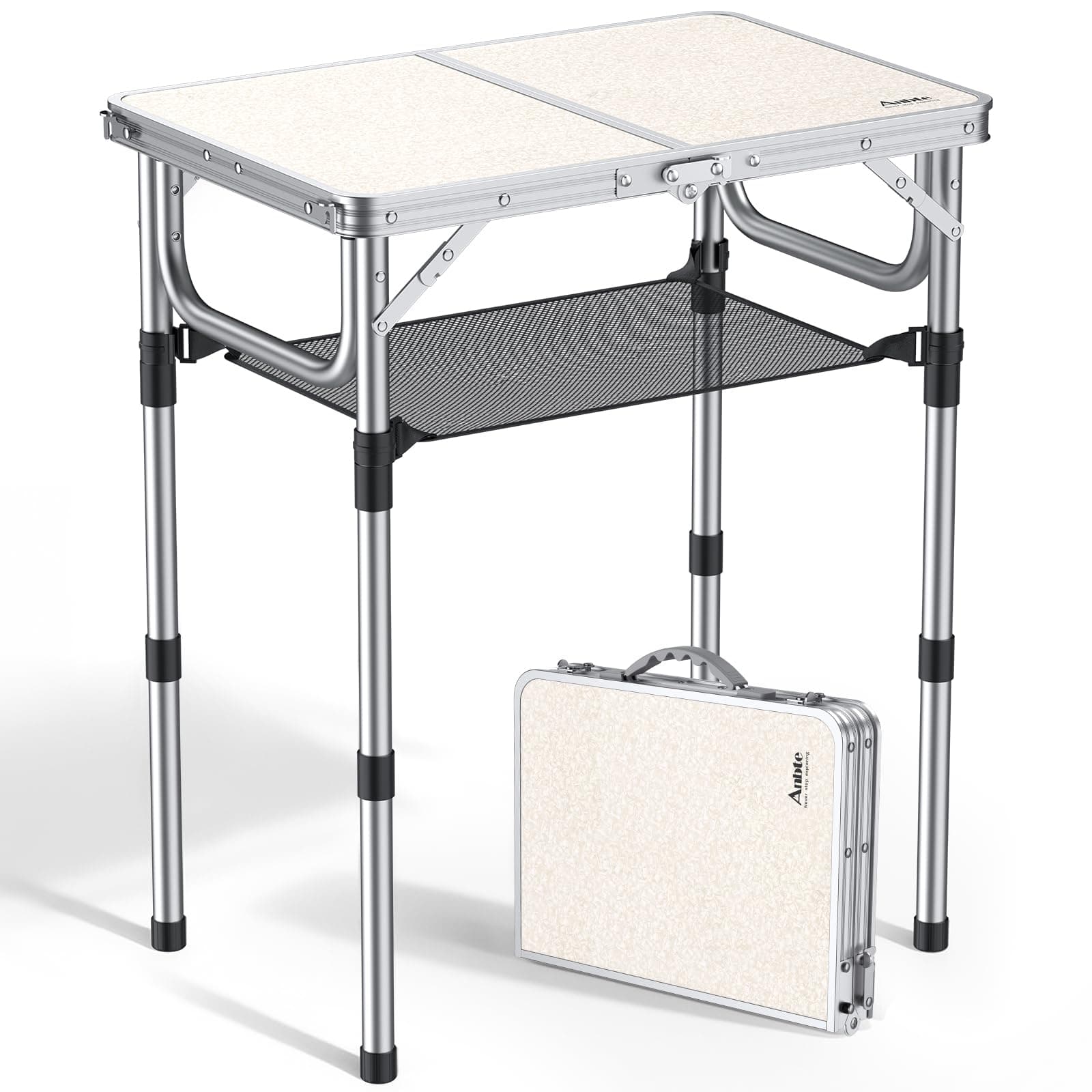 Anbte Folding Camping Table with Storage Net, 3 Adjustable Heights Aluminum Small Folding Table, Waterproof Lightweight Foldable Stored for Outdoor Indoor Picnic Beach Backyard, 60cm x 40cm, Silver