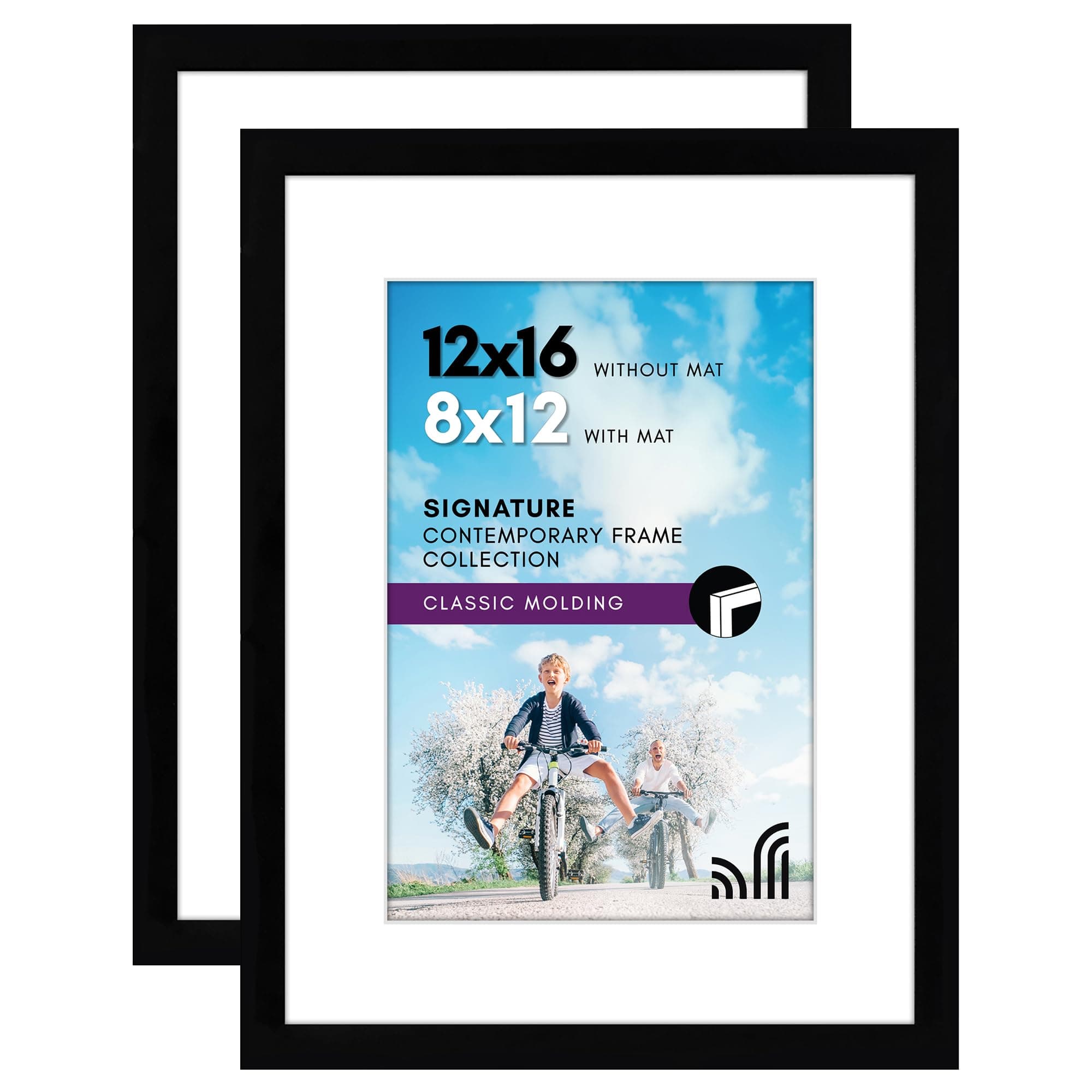 12x16 Picture Frame with Shatter-Resistant Glass - Set of 2 - Use as 8x12 Frame with Mat or Display 12x16 Photo Without Mat - Signature Collection - Picture Frames for Wall - Black