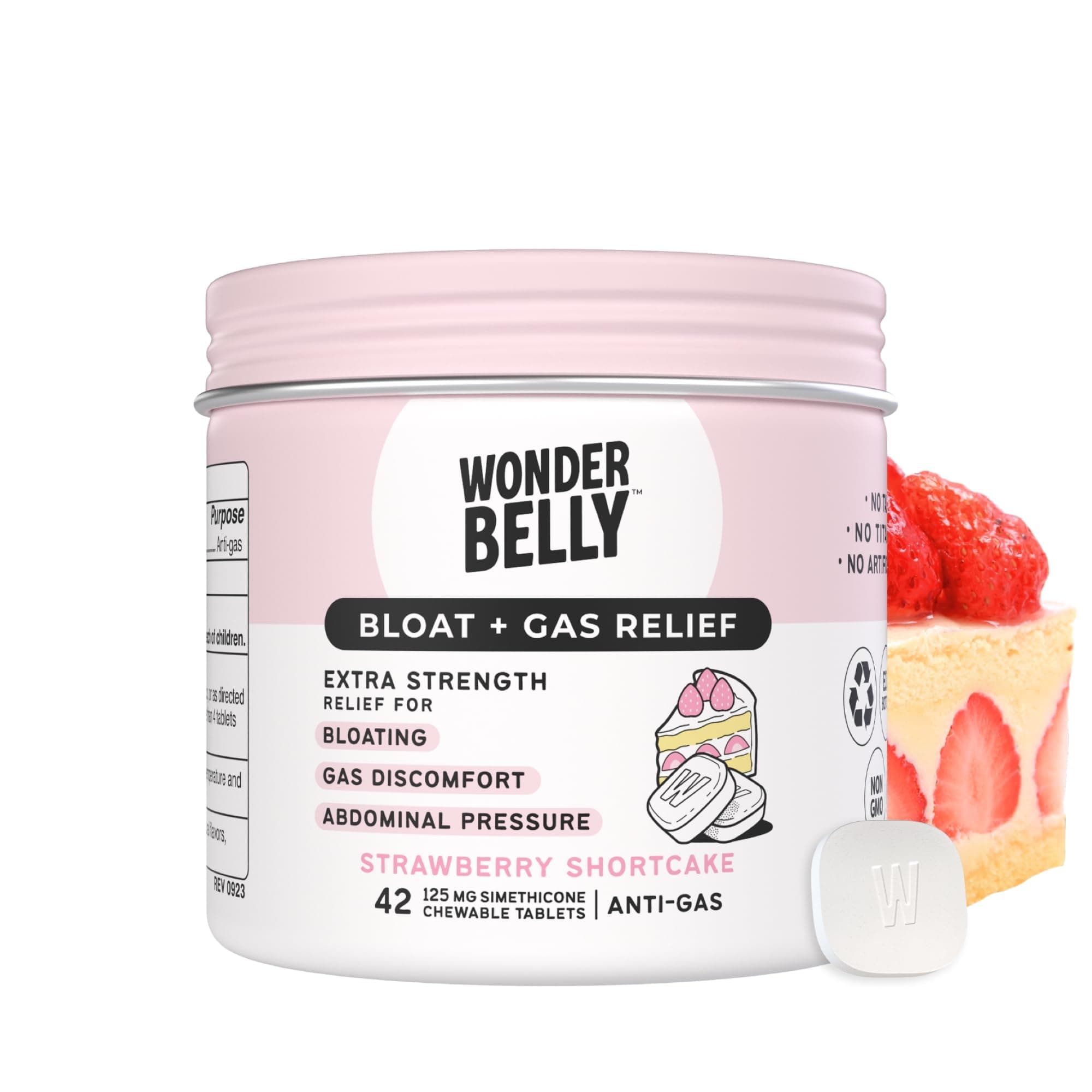 Wonderbelly Bloat + Gas Relief, Extra Strength Chewable Tablets, with 125 mg Simethicone, No Talc or Dye, Strawberry Shortcake, 42 Count