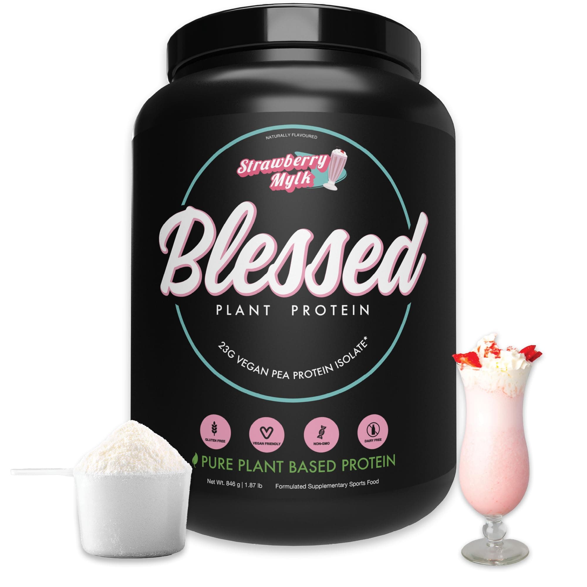 BLESSED Plant Based Protein Powder – 23 Grams, All Natural Vegan Friendly Pea Protein Powder, Gluten Free, Dairy Free & Soy Free, 30 Serves (Strawberry Mylk)