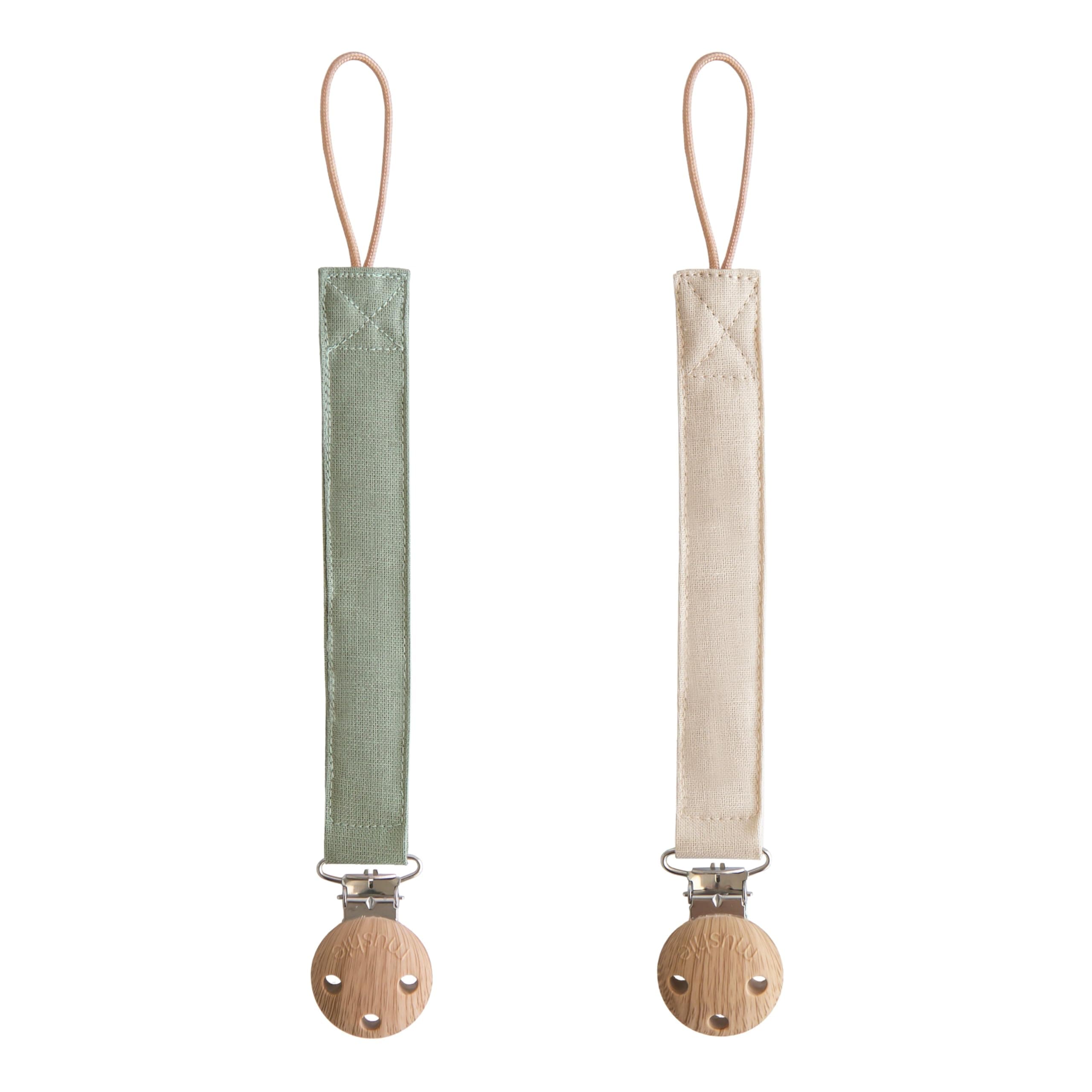 Linen Baby Pacifier Clip Holder | Soft Fabric Strap, 2-Pack (Olive/Shifting Sand)