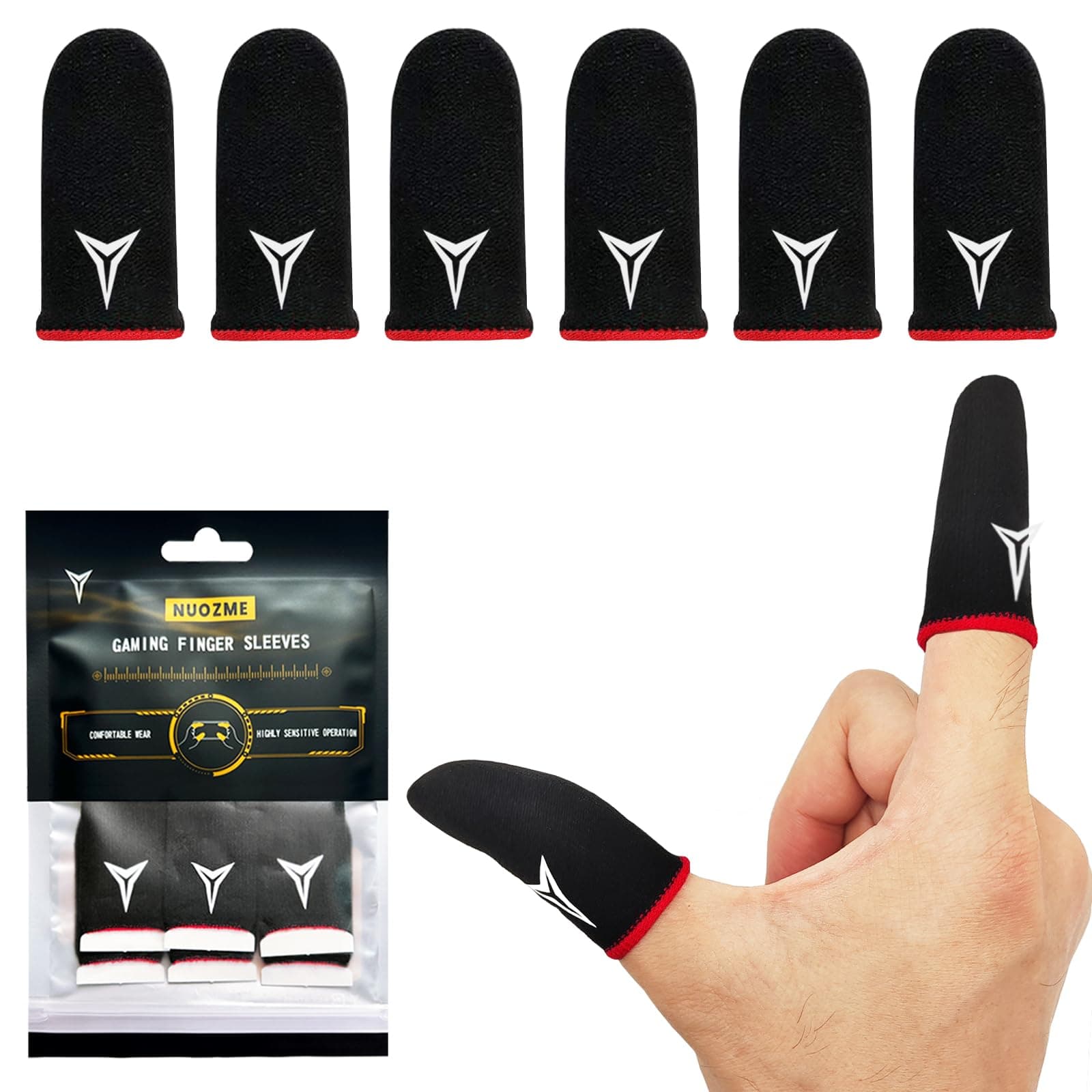 6 Pack Mobile Phone Gaming Finger Sleeves, Nuozme Finger Sleeves Compatible with All Touchscreen Devices, 0.15mm Superconducting Nanofibers, Smooth Feel, Anti-Sweat, Extremely Thin, Red Edge