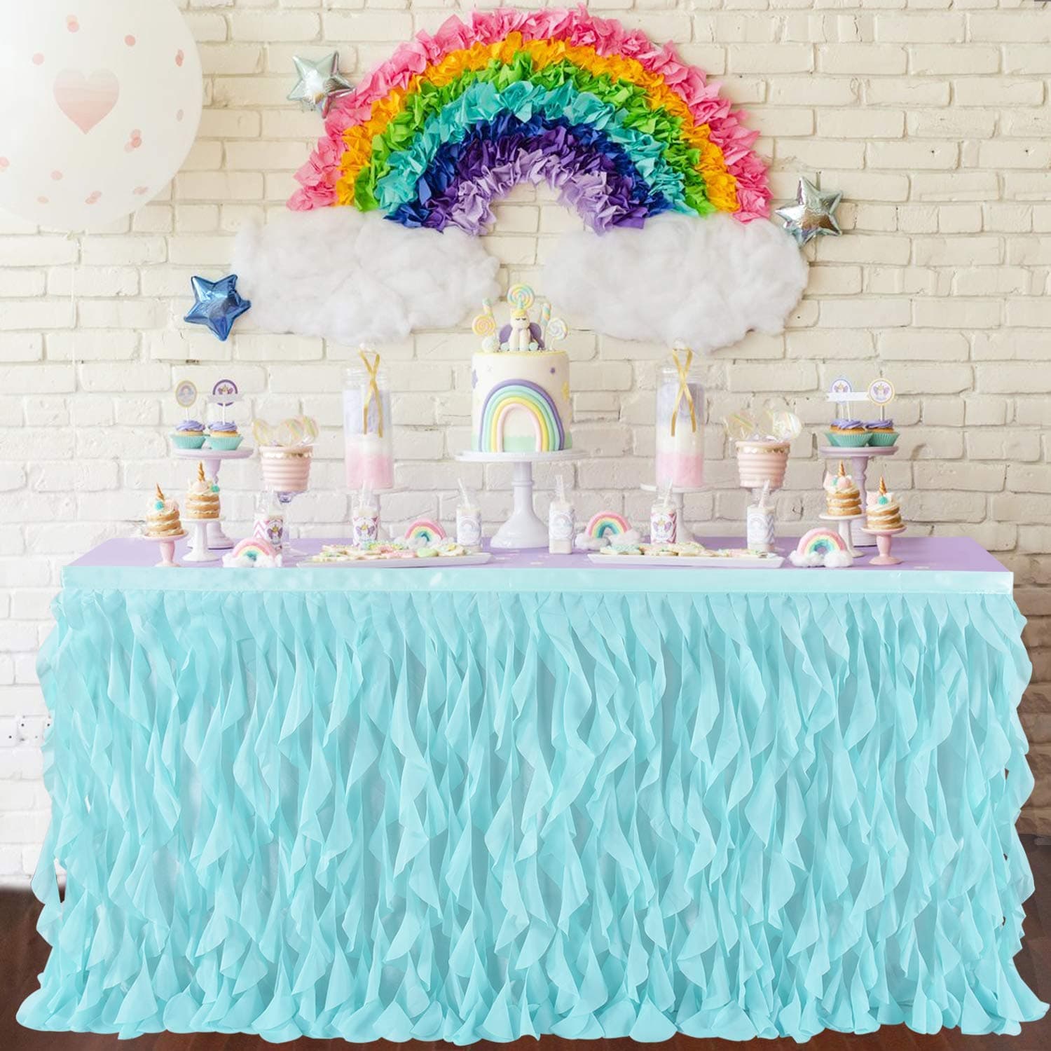 Leegleri Tulle Curly Willow Table Skirt Ruffle Tutu Table Skirt for Rectangle Table or Round Table,Mermaid Table Skirt for Baby Shower,Birthday Partys (Aqua,L 6(ft)*H 30in)