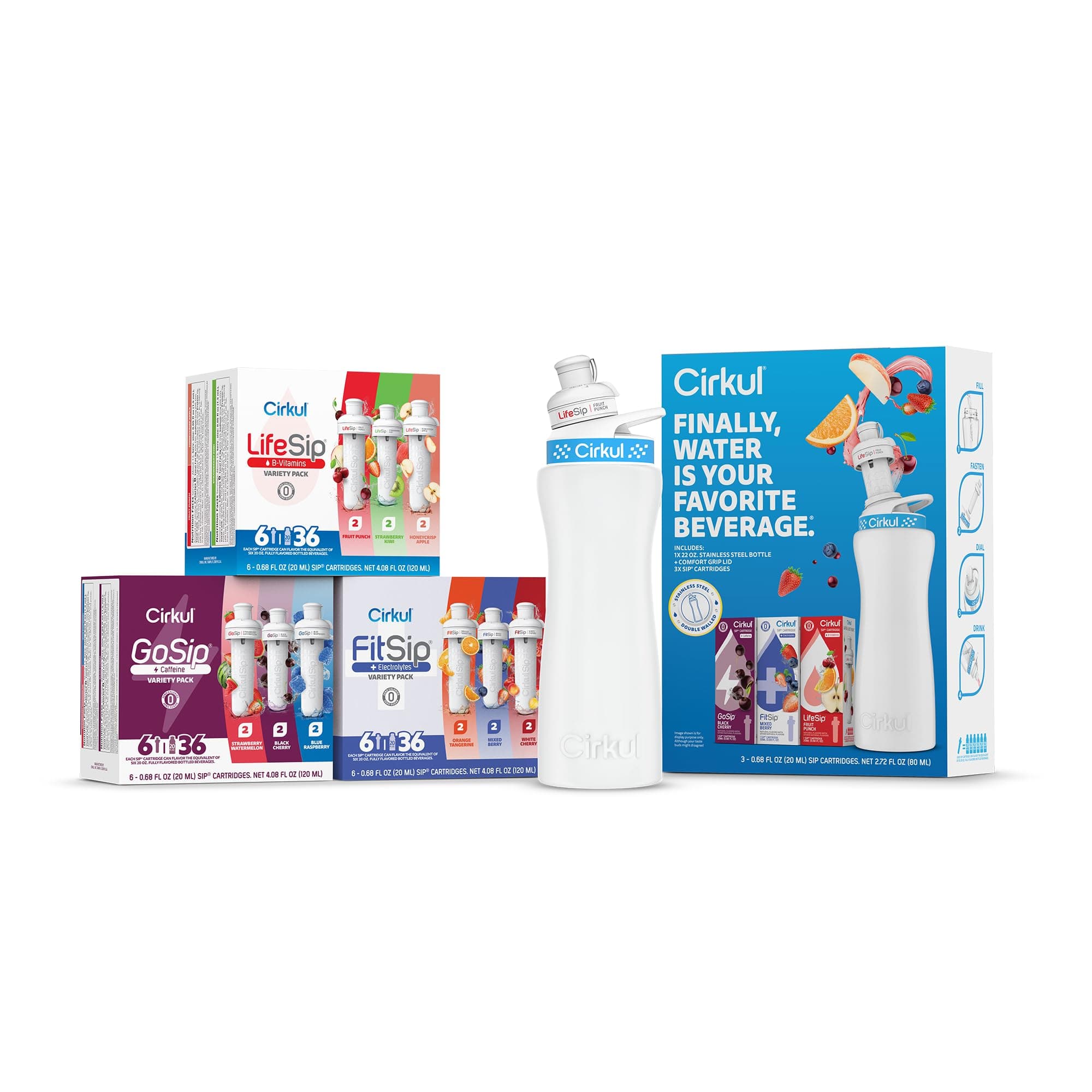Cirkul 22oz. Quench on The Quad Bundle - Stainless Steel Bottle Starter Kit w/ Lid & 21 Flavor Cartridges (LifeSip, GoSip & FitSip), Perfect for College Students
