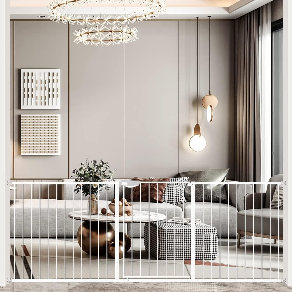 DEARBB Triple Lock Baby Gate for Stairs Doorways and House 31" to 86" Extra Wide Pressure Mounted Easy Walk Through Auto Close Safety Pet Gate White 76.77-86.22"