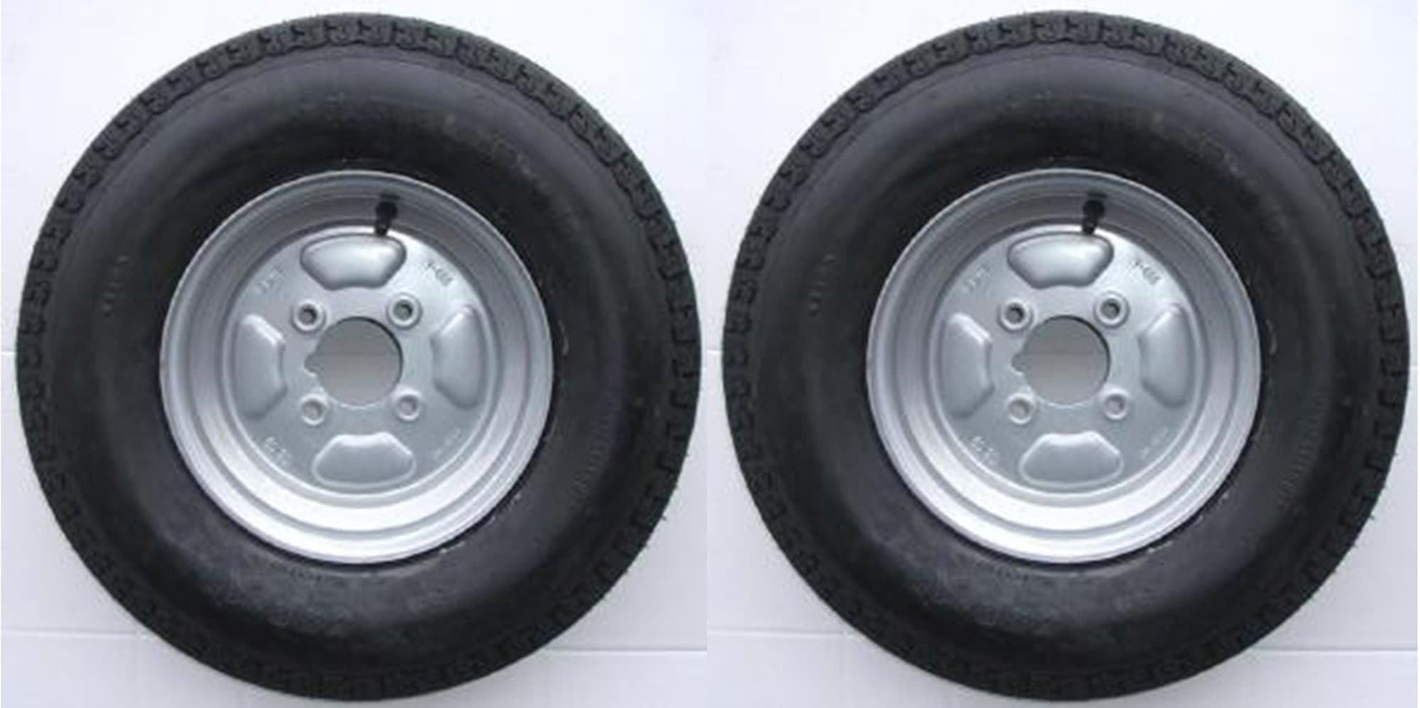 A pair of 500 x 10 inch trailer wheels and tyres with 4 ply tyre and 4 inch PCD (NOT SUITABLE FOR ERDE TRAILERS) LMX1600 PLEASE DO NOT BUY UNTIL YOU HAVE CHECKED YOUR PCD