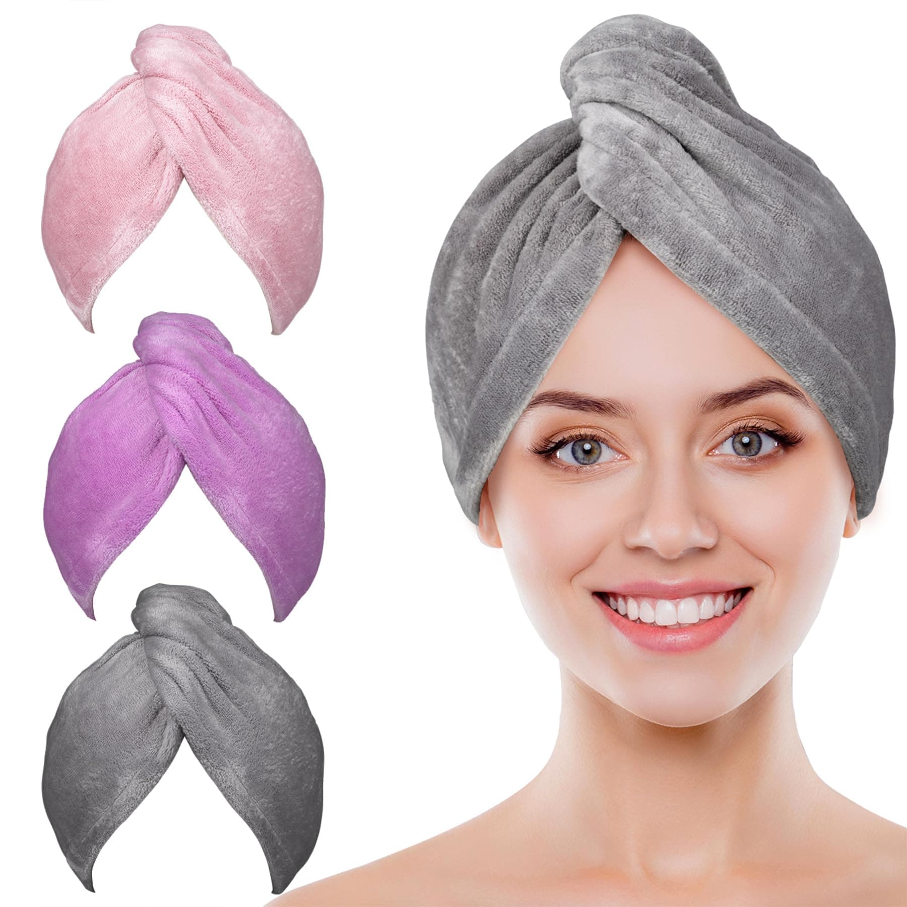 POPCHOSE Microfiber Hair Towel Wrap, 3 Pack Fast Drying Hair Turban, Stocking Stuffers for Women, Soft Ultra Absorbent, No Frizz Hair Wrap Towels for Women Wet Hair, Curly, Longer, Thicker Hair