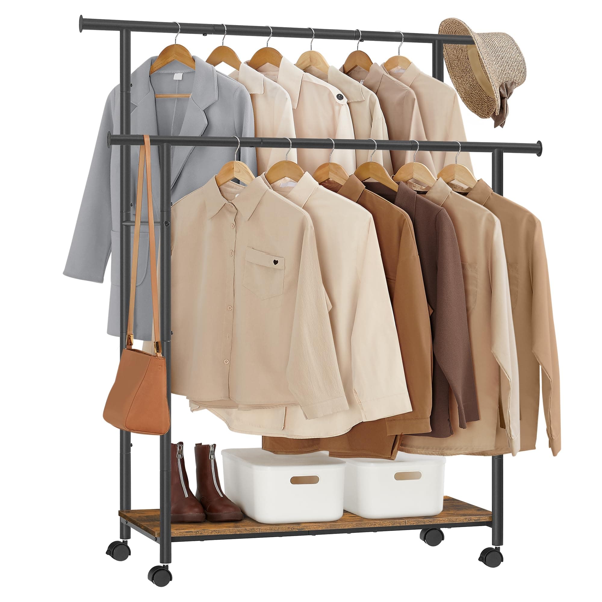 SONGMICS Clothes Rail, Portable Clothes Rack, 98.5 cm Double Clothes Hanging Rail, Metal Frame, with Storage Shelf, Loads up to 100 kg, Rustic Brown and Ink Black HSR152B01
