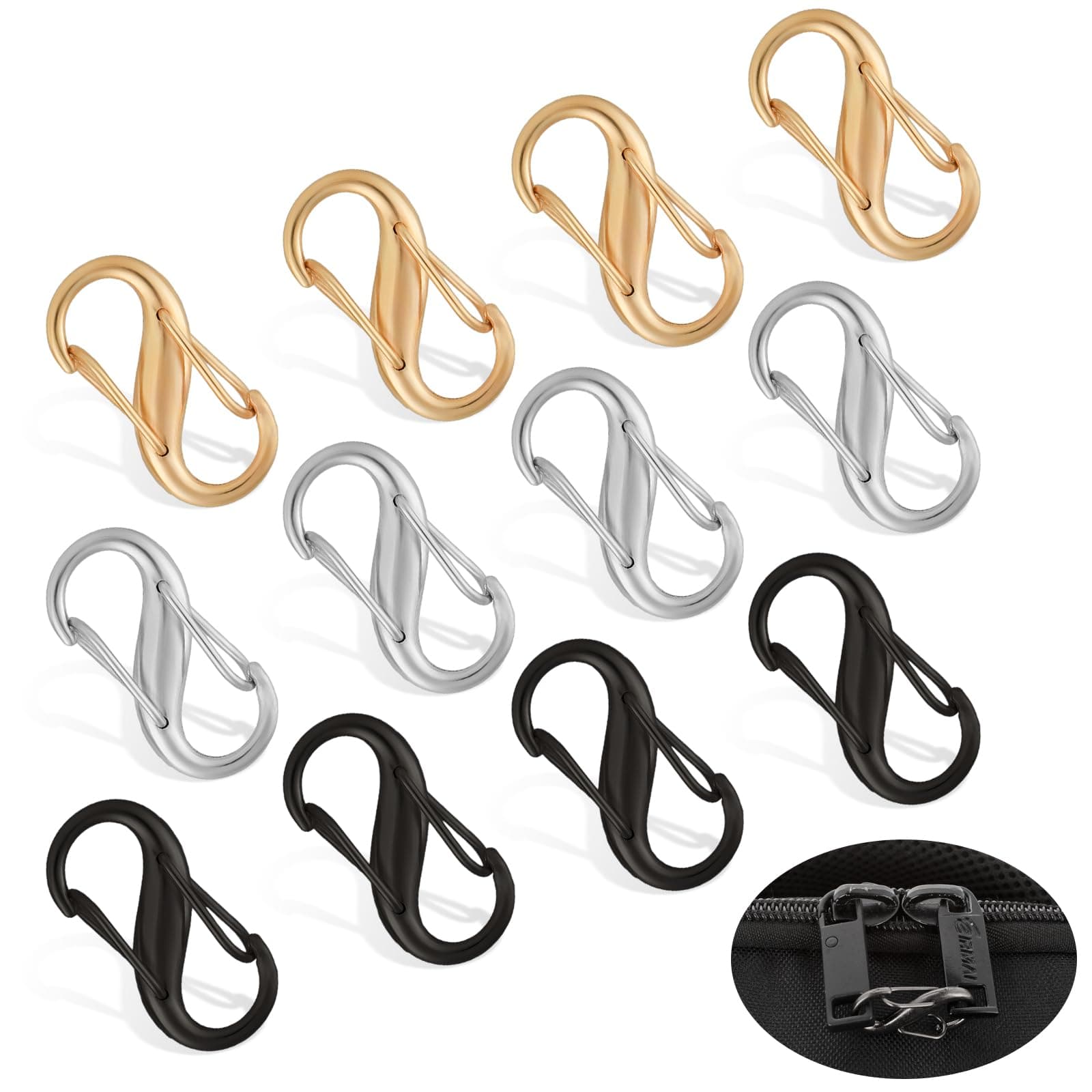Ouligay 12 Piece Zip Puller Replacement Zipper Pulls, Anti-Theft Zipper Lock Clips, Dual Opening Spring Clips, Small Carabiner Clips For Camping Fishing Traveling Outdoor Sports
