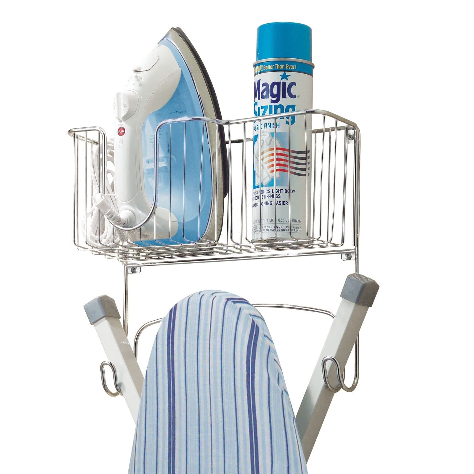 mDesign Metal Steel Ironing Board Holder Wall Mount with Large Storage Basket for Laundry Rooms - Holds Iron, Ironing Board, Spray Bottles, Starch, or Stain Sticks - Easy Installation - Chrome