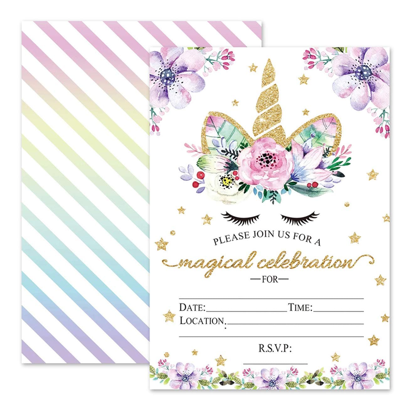 OutegoMagical Unicorn Birthday Invitations, Glitter Unicorn Invitations with Envelopes for Kids Birthday (24 Pack)